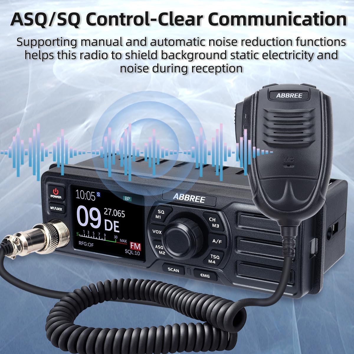 Image illustrating the ASQ/SQ Control feature, showing sound waves being filtered by the radio to provide clear communication.