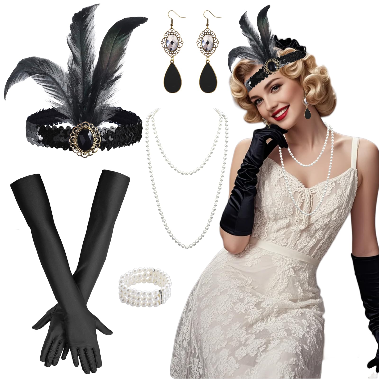 1920s Accessories for Women, 5 Pcs Flapper Great Gatsby Accessories Set with Feather Headband Gloves Earrings Necklace Bracelet, 20s Costume Accessories for Halloween Retro Carnival Party Cosplay
