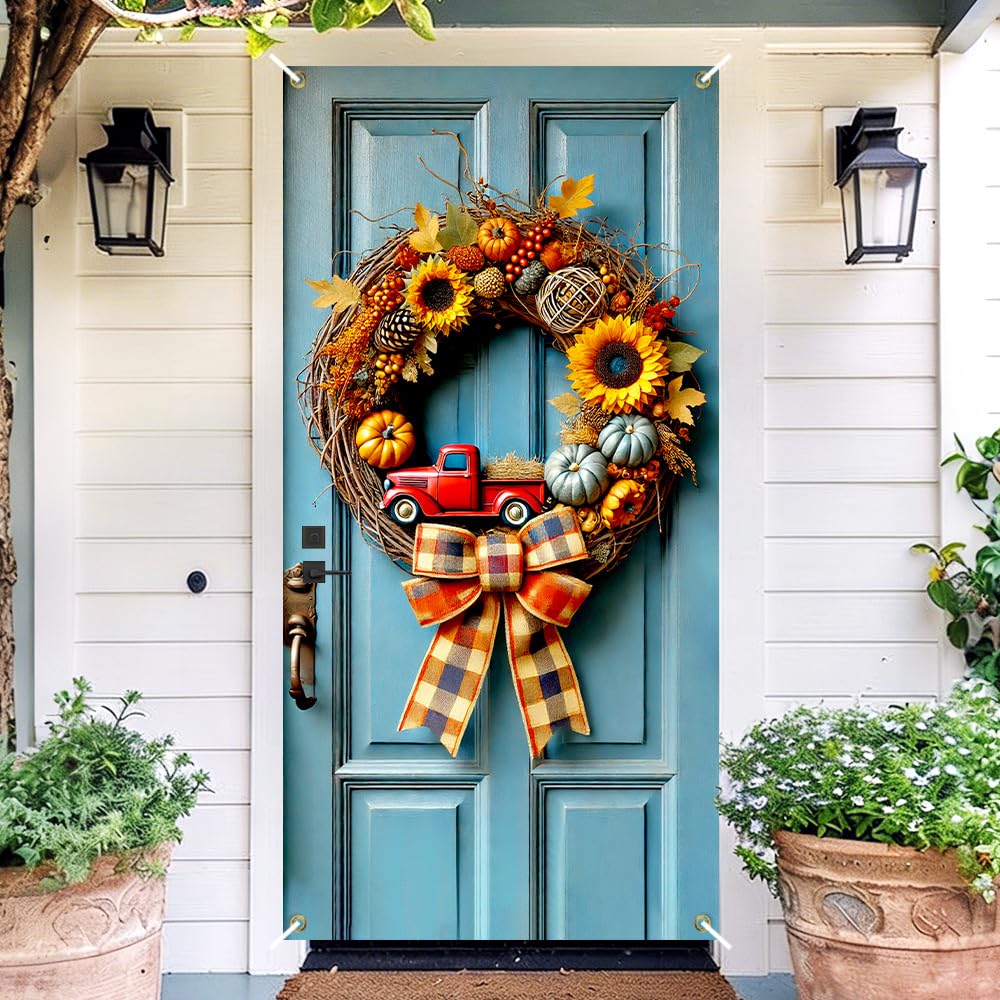 Fall Red Truck Door Cover 35x71in Grapevine Sunflower