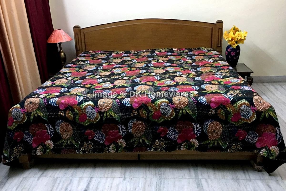 Indian Handmade Black Queen Size Bedspread Decoration Cotton Kantha Work Tropical Fruit Printed Hand Crafted (108 x 90) -Set of 1 Quilt Bedspread