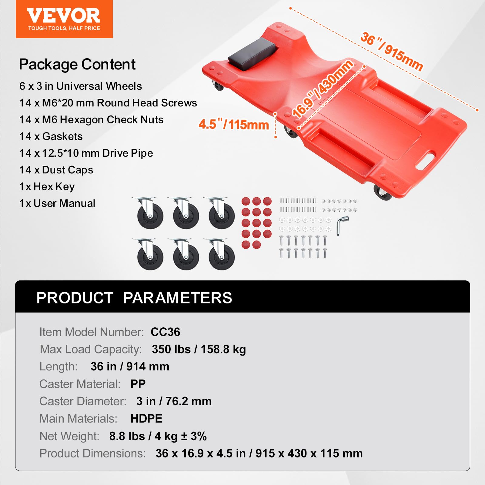 VEVOR Camilla Mecánica de Plástico, Capacidad de 158,8 kg, con Cuerpo Ergonómico Moldeado de HDPE, Reposacabezas Acolchado, 6 Ruedas, para Taller de Reparación de Automóviles, 915 x 430 x 115 mm
