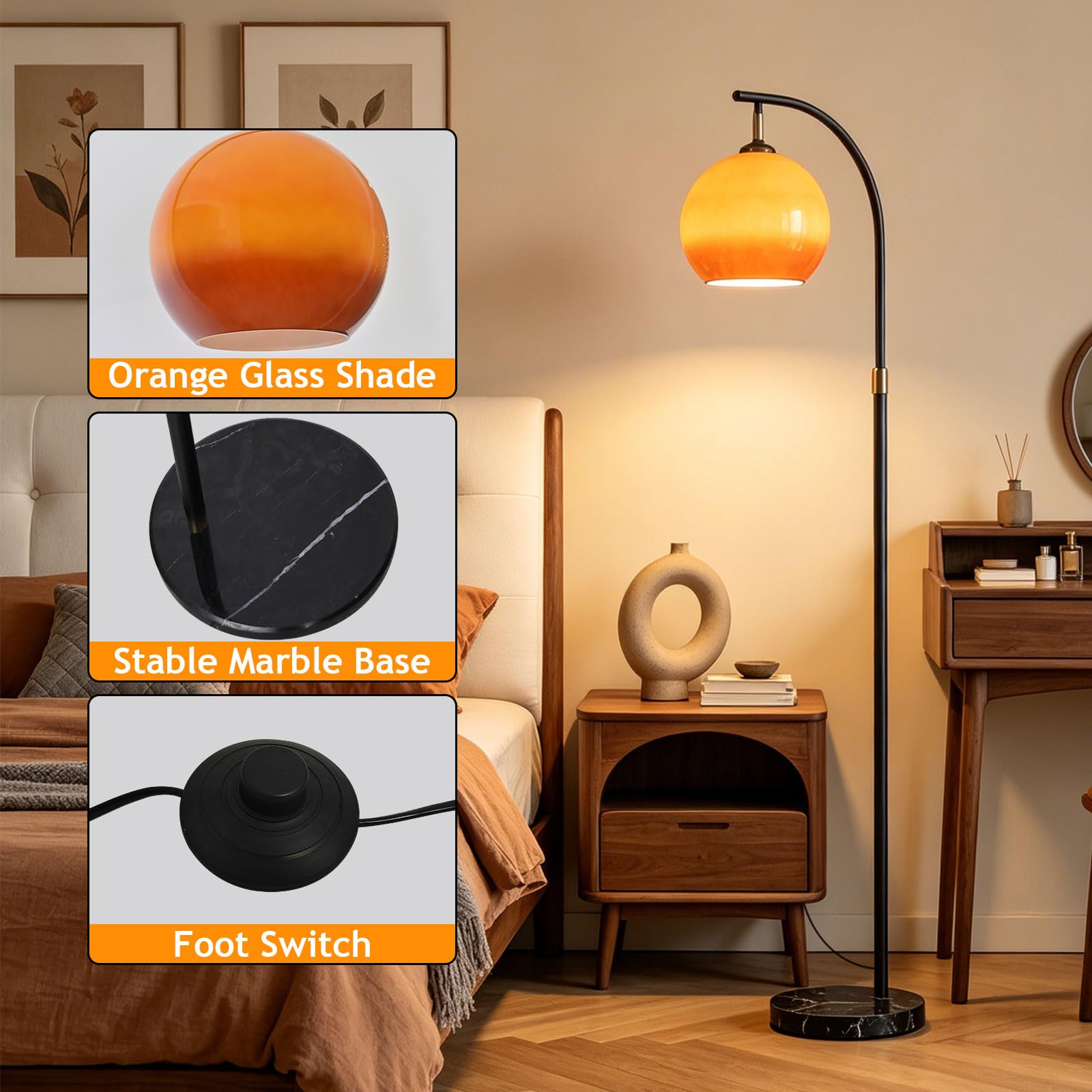 Lampe Sur Pied Arc Mid-Century Modern Orange, Hauteur Réglable, Globe En Verre, Douille E27, 3 Températures, Base En Marbre, Pour Salon, Chambre Ou Bureau (Ampoule Incluse)