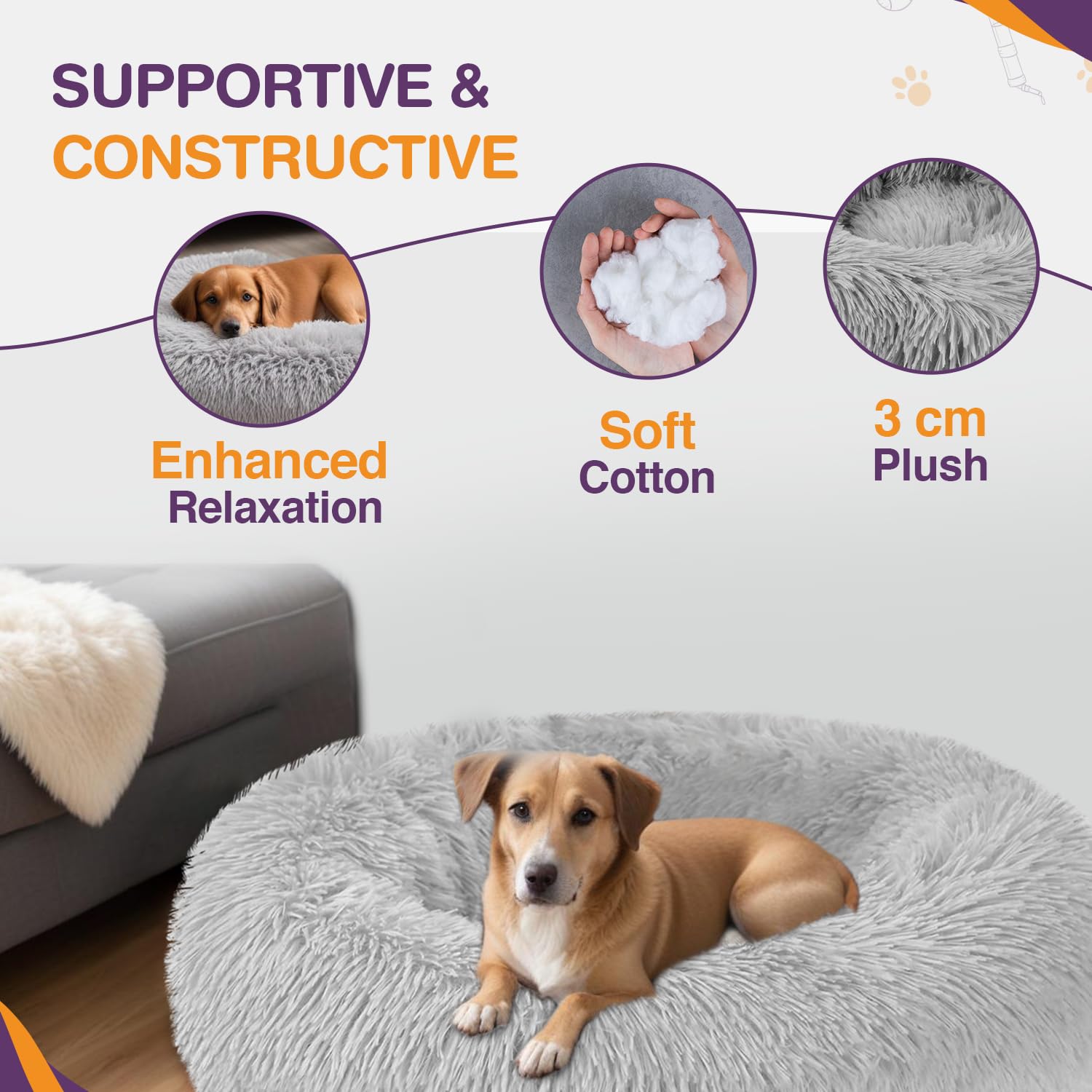 ELYF Plush Donut Dog Bed (80cm), Calming Cat Bed for Indoor Cats Self-Warming Round Pet Cushion with Anti-Slip - Image 4
