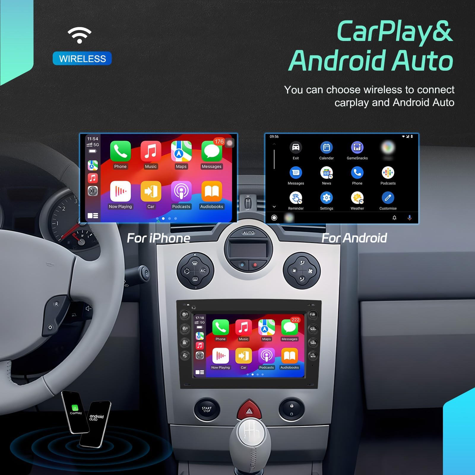 CAMECHO 4+64 GB Android 15 Radio samochodowe z CarPlay do Renault Mégane II (2002–2009) Double DIN 7″ ekran dotykowy GPS Bluetooth MirrorLink WiFi FM/RDS USB sterowanie kierownicą