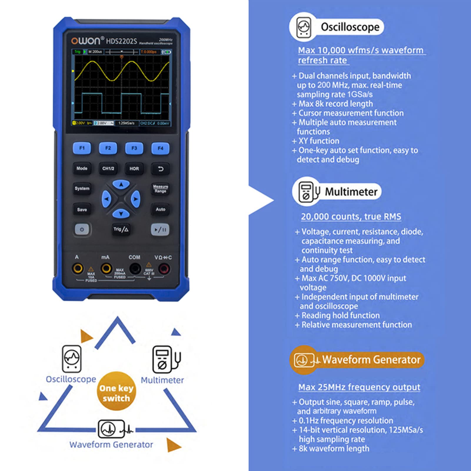 OWON HDS2202S 2-Kanal-Handoszilloskop 200 MHz Bandbreite 20000 Counts Multimeter OSC + DMM + Wellenformgenerator