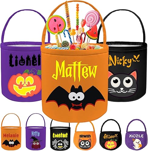 SRdrew Cesta personalizada de Halloween de lona con nombre, bolsas de dulces para niños y niñas, decoración de fiesta de Halloween, regalos de