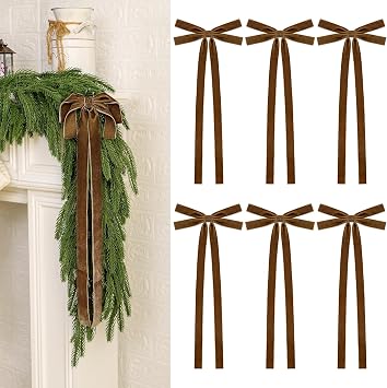 6Pcs Velvet Ribbon Bows - 8 x 20 Inch Extra Large Christmas Tree Bow with Long Tail for Xmas Tree, Wreath, Garland, Fireplace,Staircase, Door, Window, Cabinet, Wedding Home Decoration 6, Brown