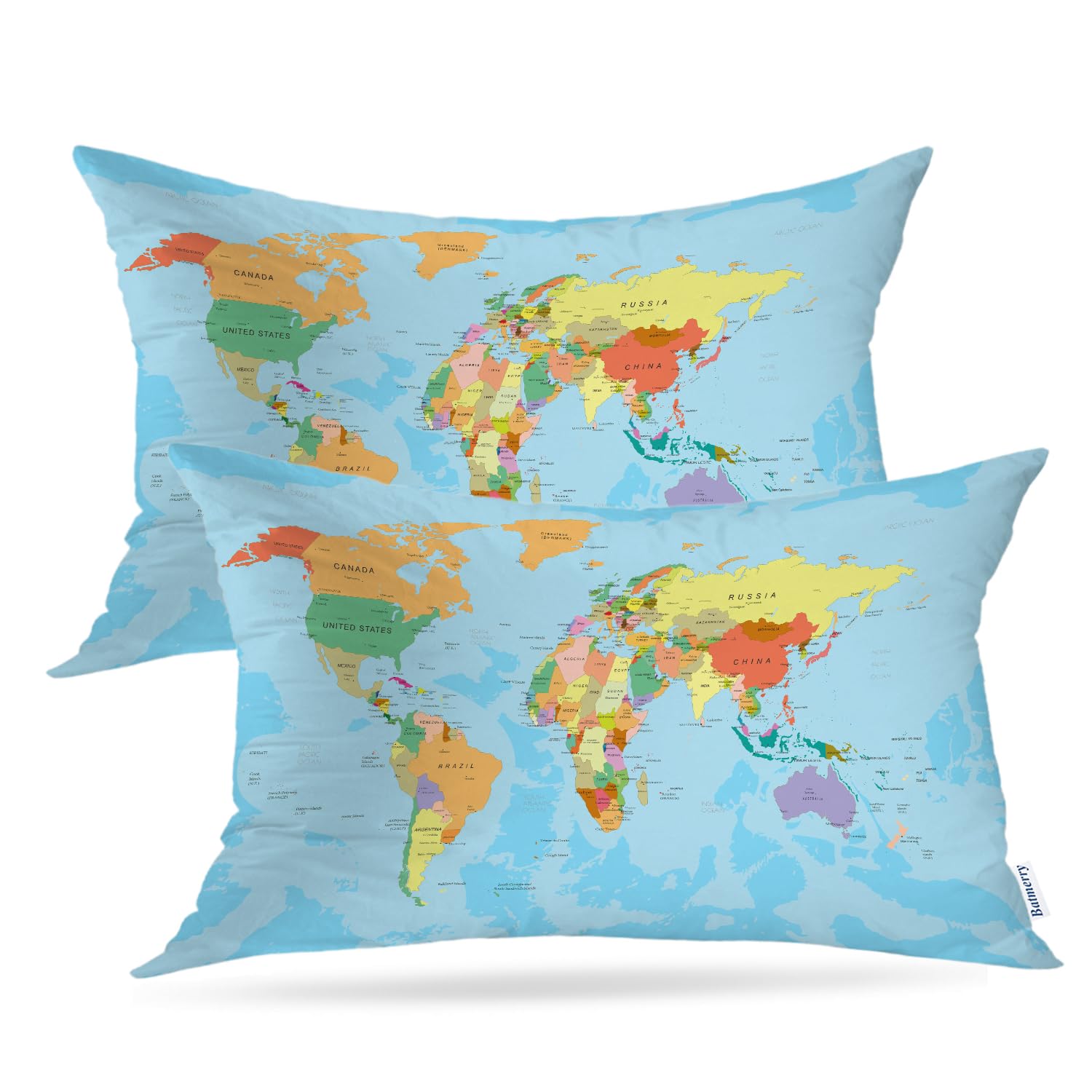 Batmerry Blue World Map Throw Pillow Covers, Map of The World On Mercators Projection Decorative Pillow Covers Digital Printing Blended Fabric for