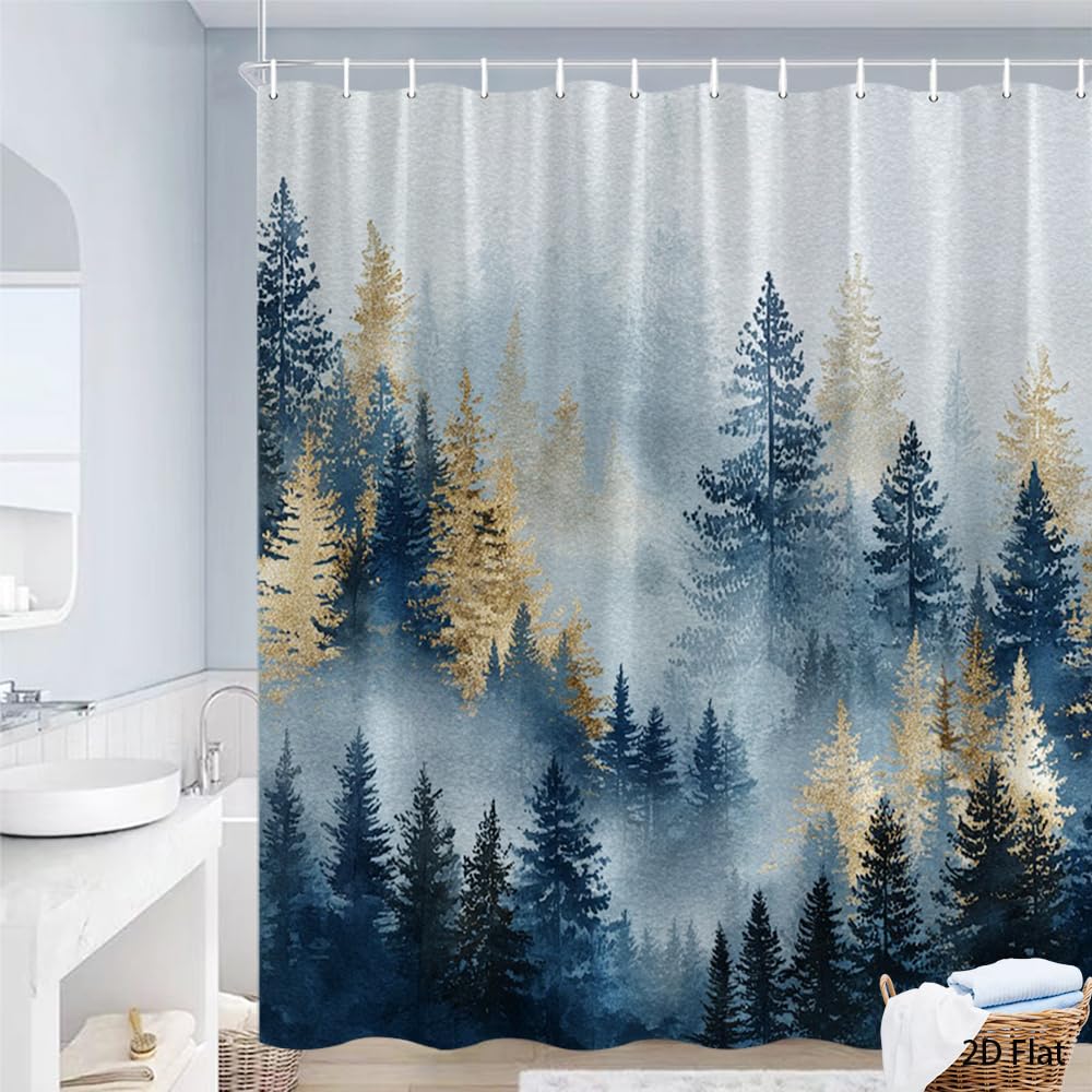 Glwdmb T-19 1 Piece 180X180cm Watercolor Blue And Golden Pine Tree Forest Printed Shower Curtain With Hook, Polyester, For Windows And Walls, Bathtub, Bathroom, Machine Washable, All Season Universal