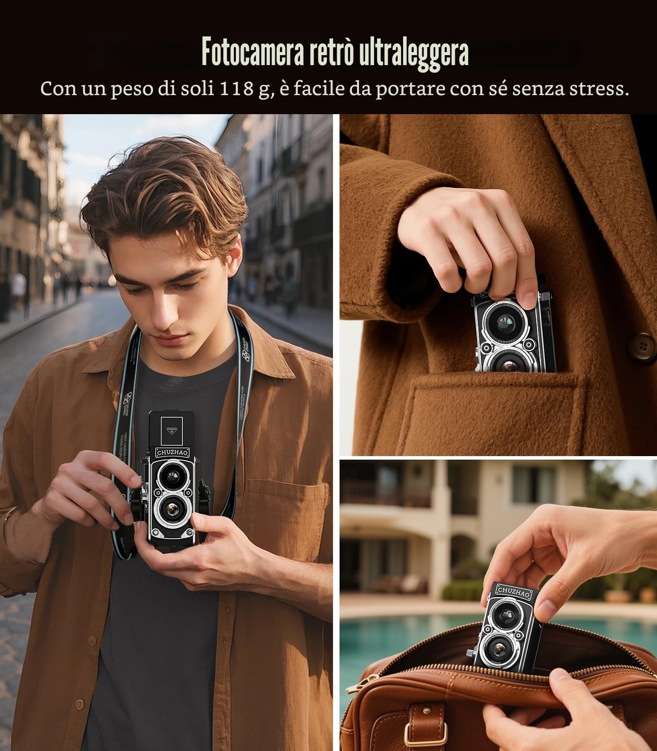 CHUZHAO Mini fotografica retrò vintage 12 MP 1080P FHD fotocamera digitale TLR autofocus fotografiche con scheda di memoria da 16 GB macchina fotografica portatile compatta per bambini, adolescenti