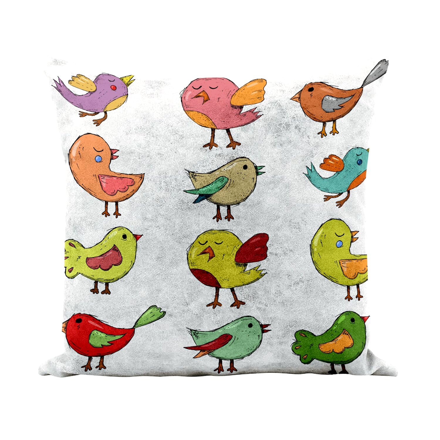 Coussin oiseaux multicolores blanc pour décorer une chambre d'enfant ou un salon cocooning