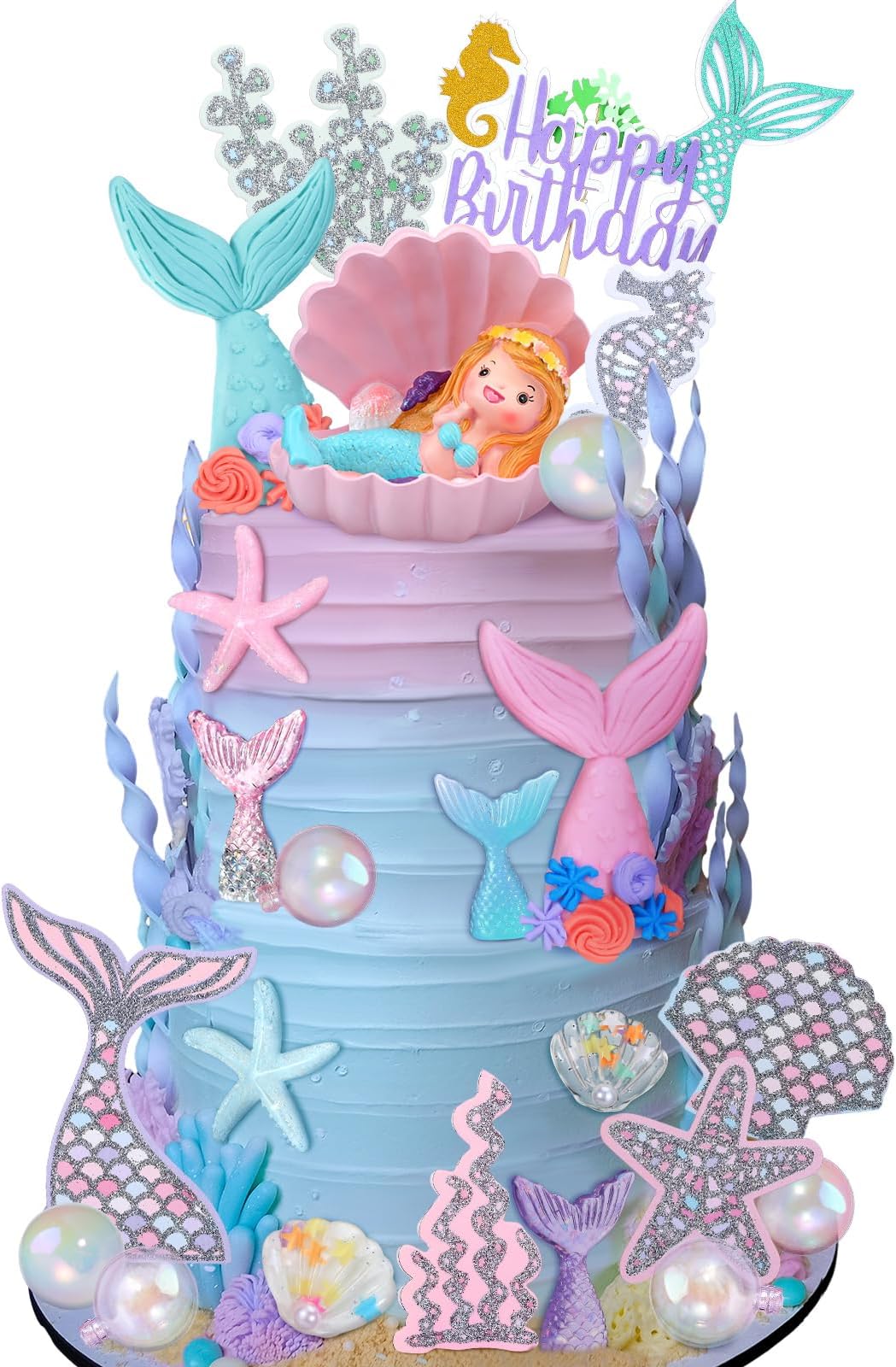 25 Pcs Mermaid Under The Sea Cake Toppers set with Little Resin 3D Seaweed Bubble Starfish Shell Mermaid Tail Cupcake Picks for Birthday Party Decorations(Lovely)