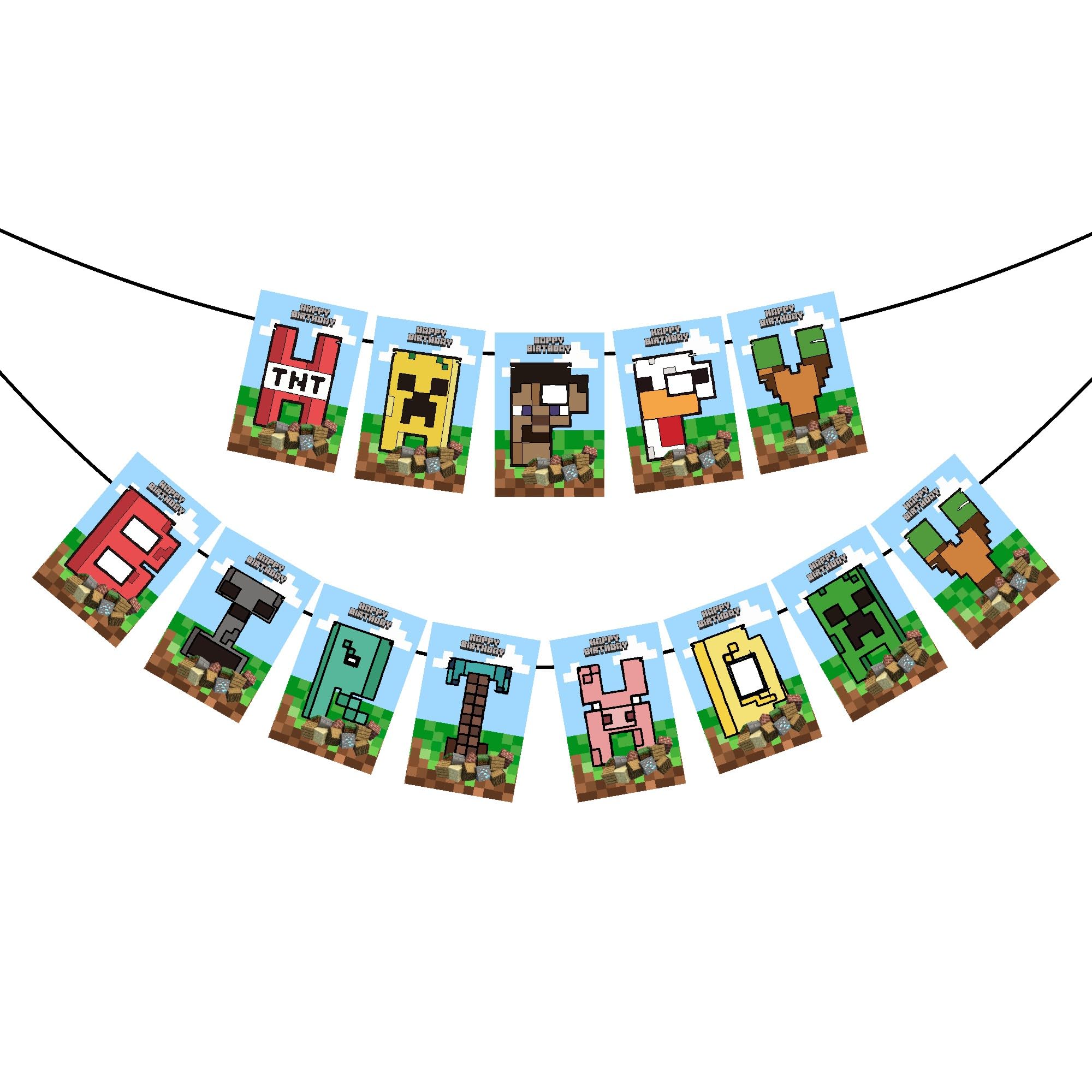 Balloonistics Mines & Craft Theme Happy Birthday Banner Cardstock Pixel Mine Design for Birthday Decoration Backdrop with Ribbon (Happy Birthday Banner)-image-46