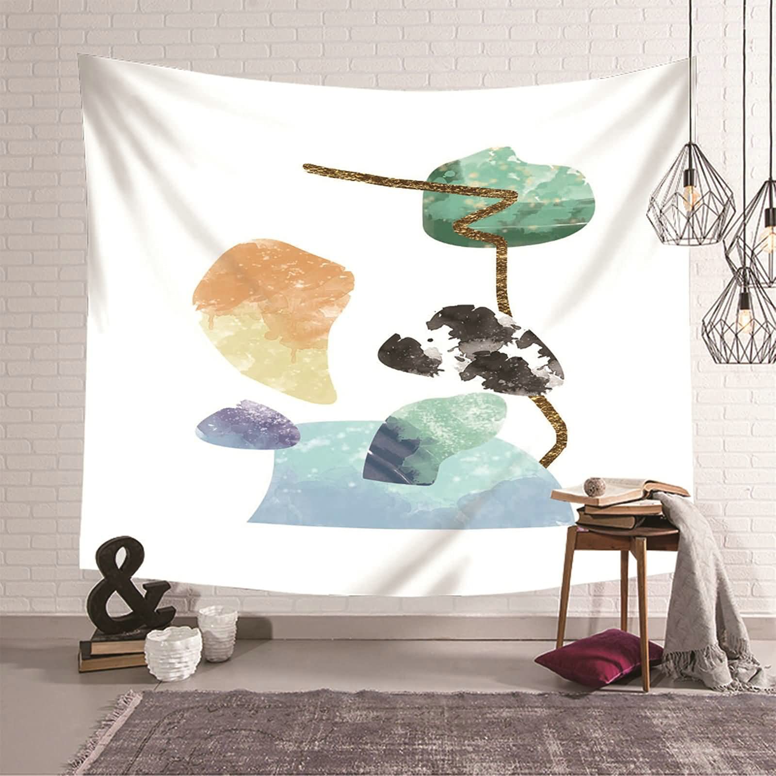 Tapiz de pared KnSam con geometría artística, poliéster verde azul naranja, 150x130 cm