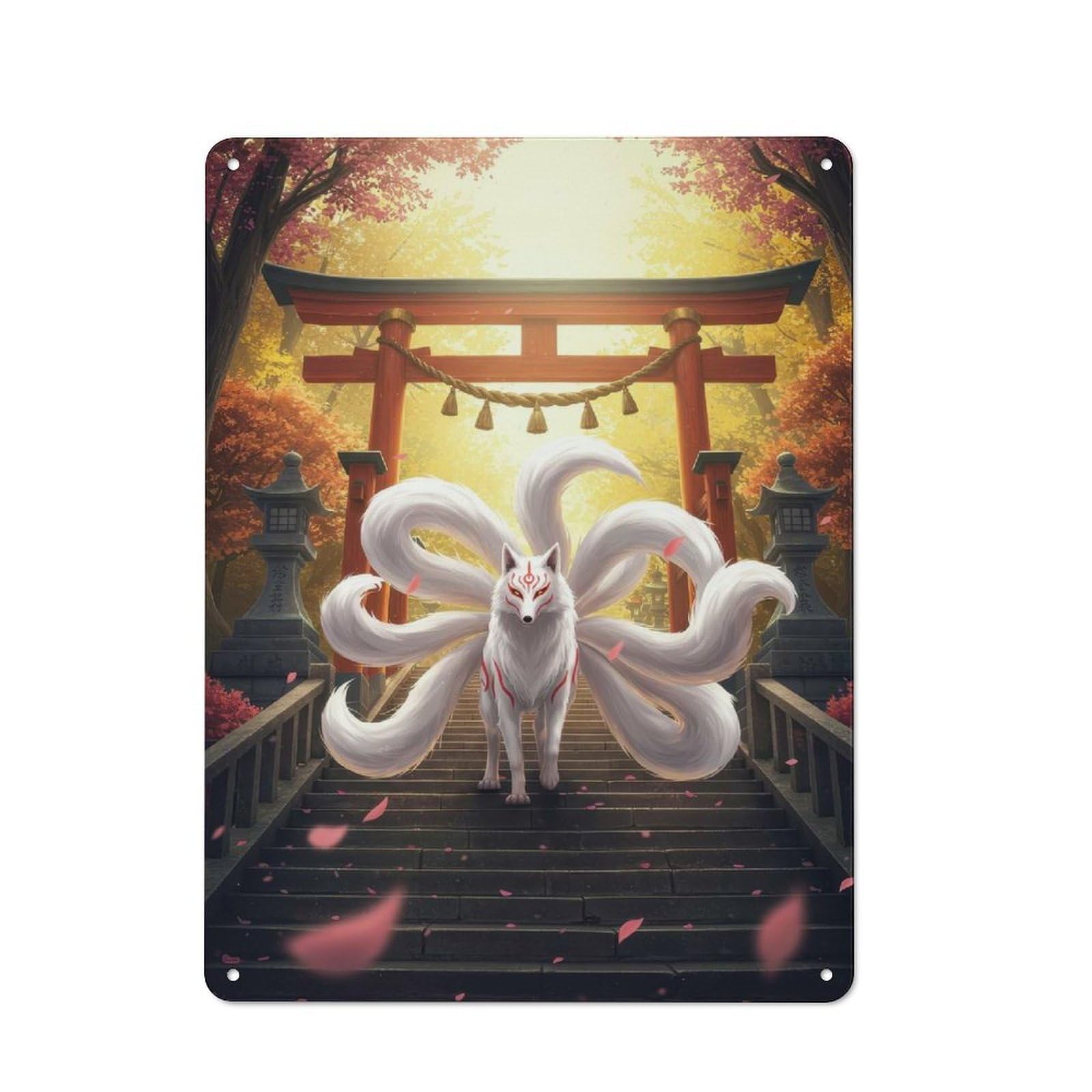 Junmoney Style-10 Nine-Tailed Fox At Torii Gate Rustic Tin Sign 40X30cm For Pub Or Café, For Collectors Building A Themed Wall Display