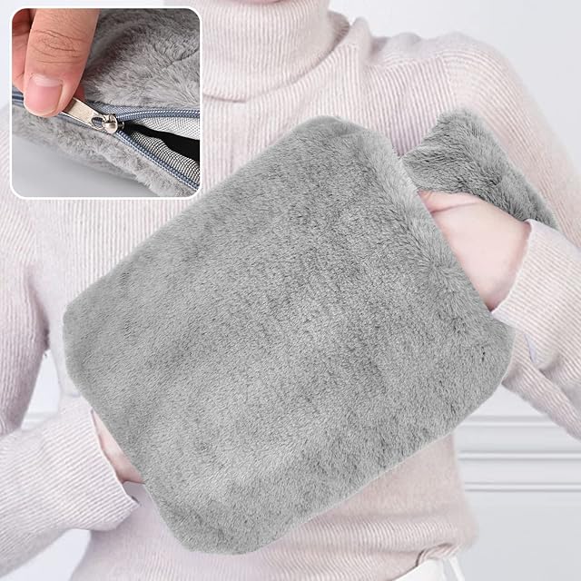 Hot Water Bottle with Cover, 2L Large Hot Water Bottles for Hands, Grey Fluffy Hot Water Bag with Zipper Cover Easy Take on/off, Furry Faux Fur Warm Water Bottle for Men Pain Relief Presents for Women