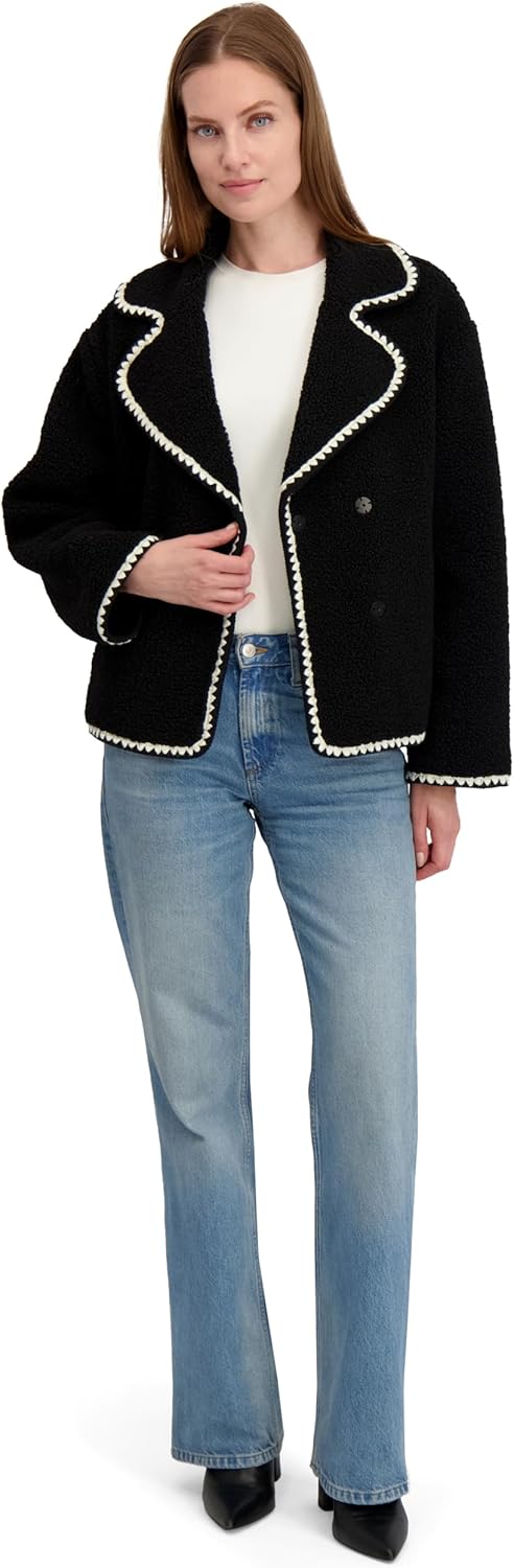 Laundry by Shelli Segal Women's Short Faux Sherpa Jacket –cropped Coat With Curved Collar, Hidden Snap Closure - Image 3