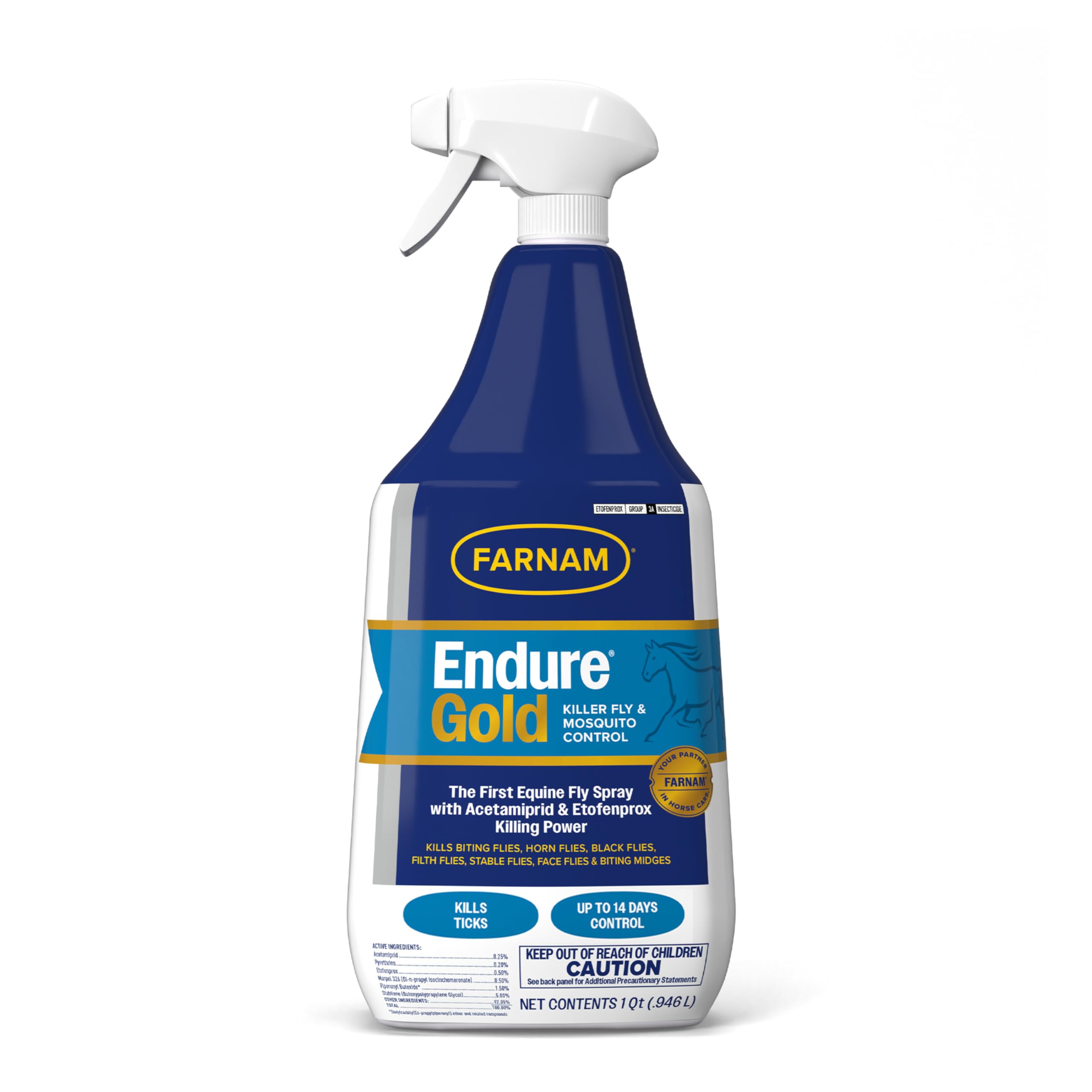 Farnam Endure Gold Killer Fly Spray for Horses, Powered by Acetamiprid & Etofenprox, Kills Biting Flies Fast and Protects Up to 14 Days, 32 oz