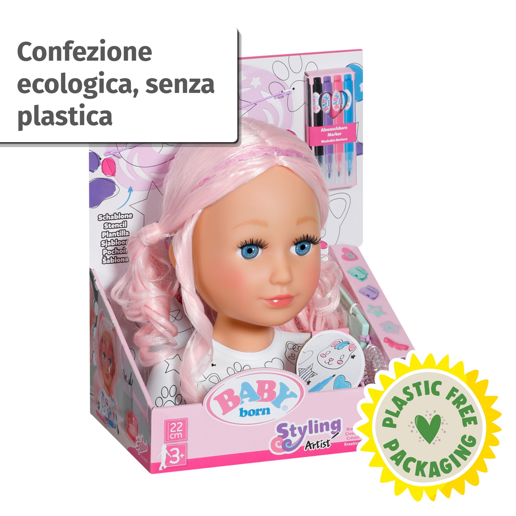 BABY born Testa Creative – Con capelli rosa, pennarelli e oltre 20 accessori - Testa da truccare e pettinare - Dai 3 anni in su