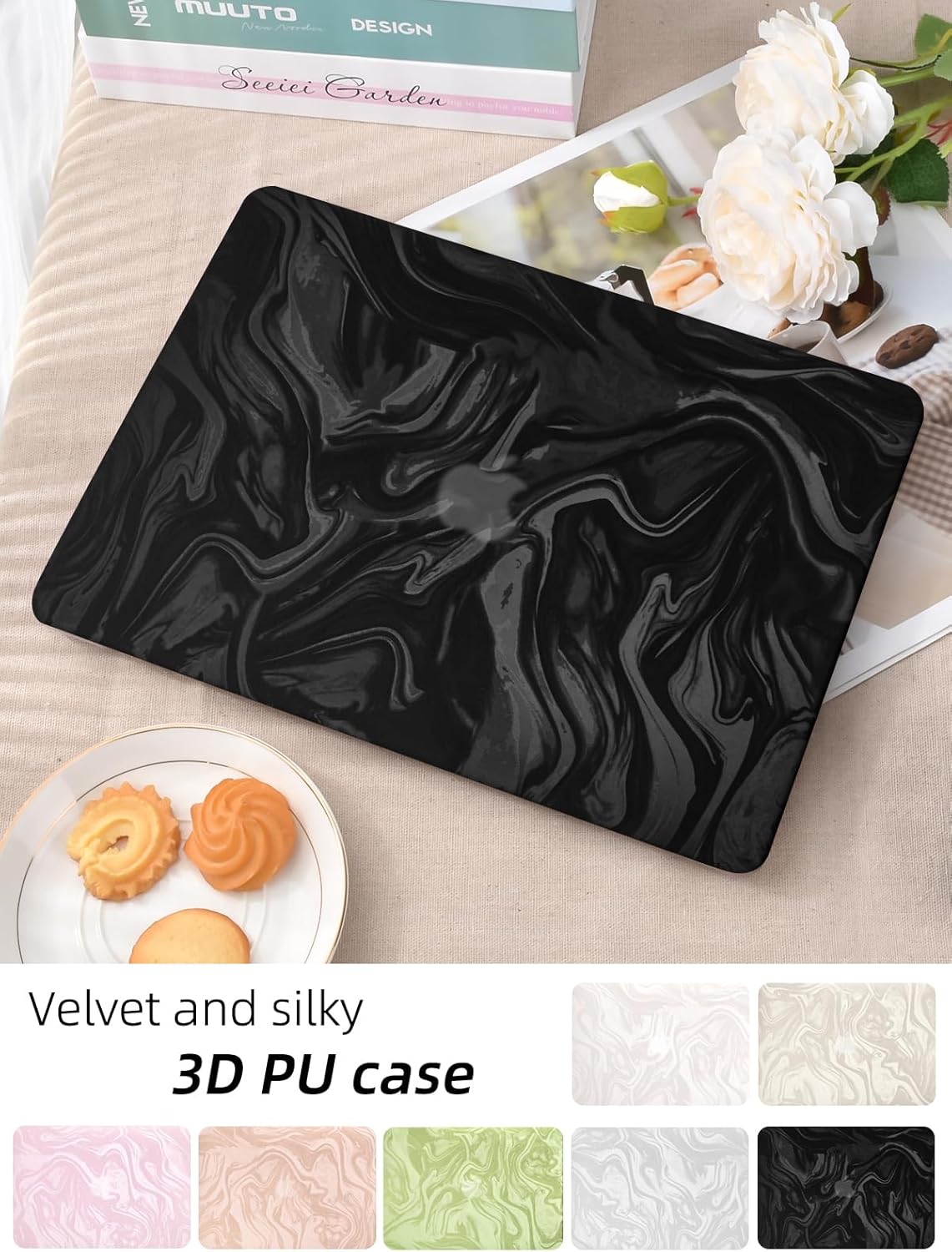 Seorsok Compatible with New MacBook Air 13.6 inch Case M4 M3 M2 2025 2024-2022 Release A3240 A2681 A3113,Luxurious and Skin-Friendly Leather Plastic Hard Shell&Keyboard Cover,Black Wave