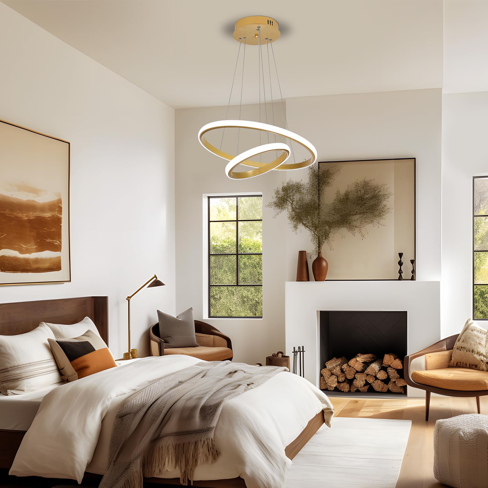 Goeco Lampadario LED Moderno ad 2 Anelli Oro, Lampada a Sospensione 32W | Altezza Regolabile, Lampadario Circolare Design Minimalista per Soggiorno, Sala da Pranzo, Camera da Letto, Hotel