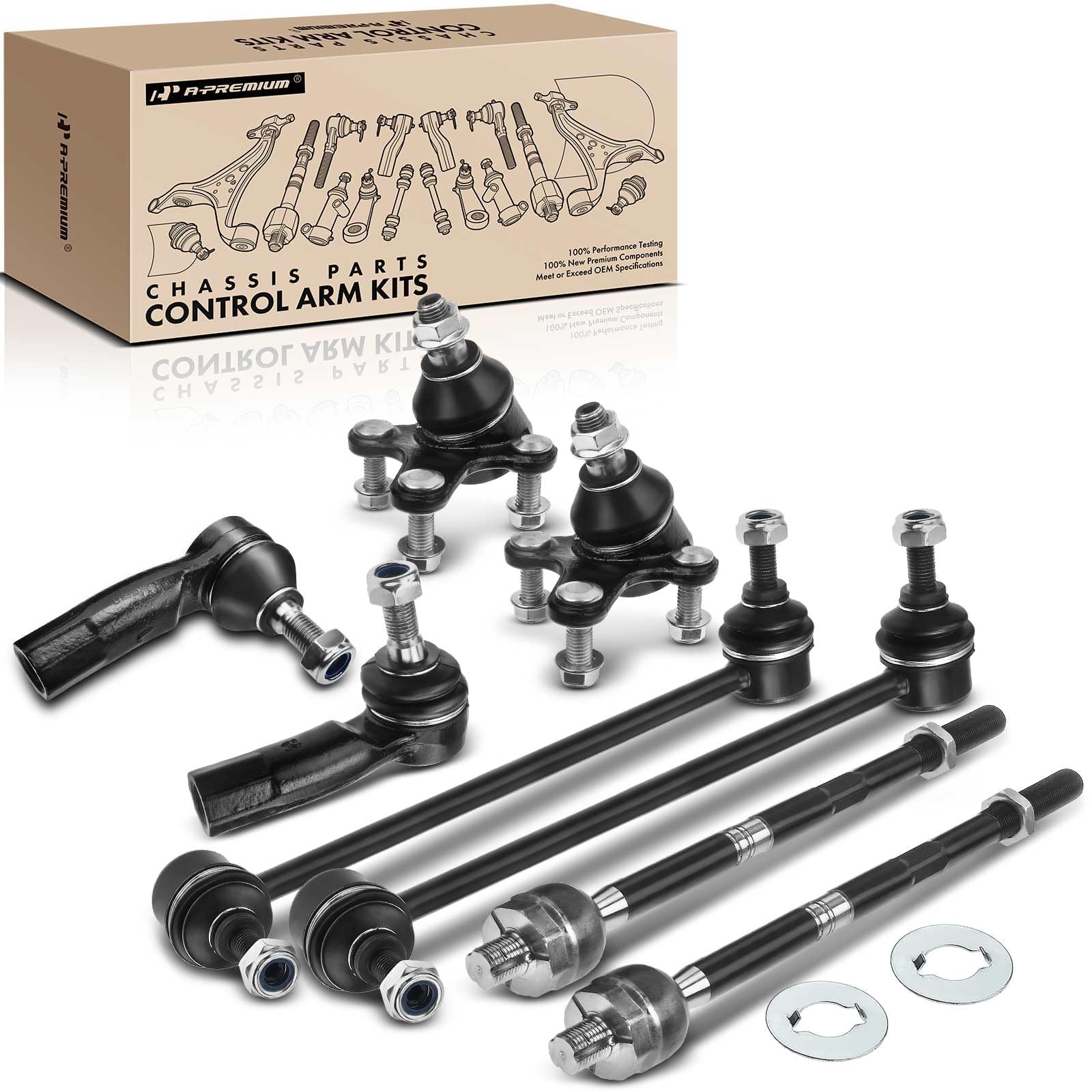 A-Premium8Pcs Suspension Kit Inner Outer Tie Rod End Ball Joint Stabilizer Bar Link Compatible with Volkswagen Jetta 05-18 Golf 10-14 GTI 06-14 Eos 07-16 R32 Rabbit Audi A3 06-09