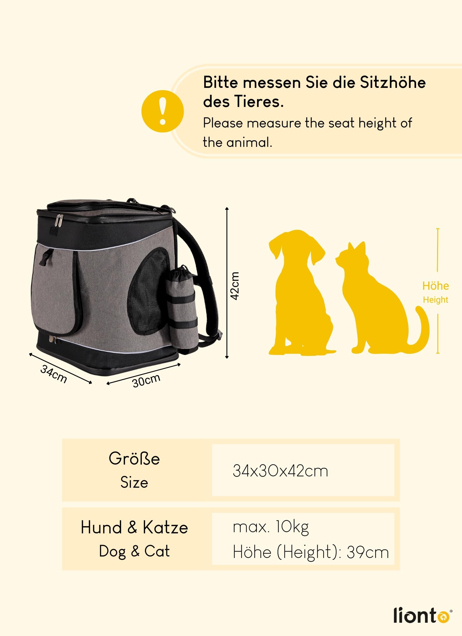lionto Hunderucksack faltbar für unterwegs, 34x30x42 cm, aus robustem Oxford-Stoff & Netzgewebe, Wasserabweisende Katzentransportbox mit Flaschenhalter & Kissen für Haustiere bis 10kg, grau/schwarz