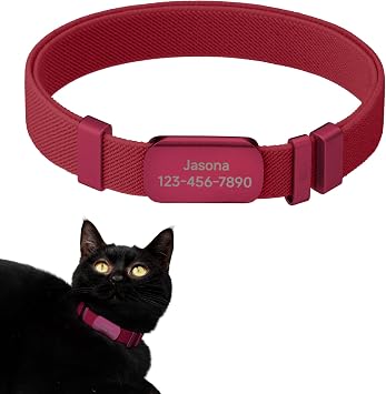 Anti-Choke Elastic Cat Collar and Personalized Name Tag Set, U.S IDA Gold Award Non Breakaway Cat Collar Engraved ID Tag Personalized Cat Collar for Kitten Small Large Cats Burgundy, M