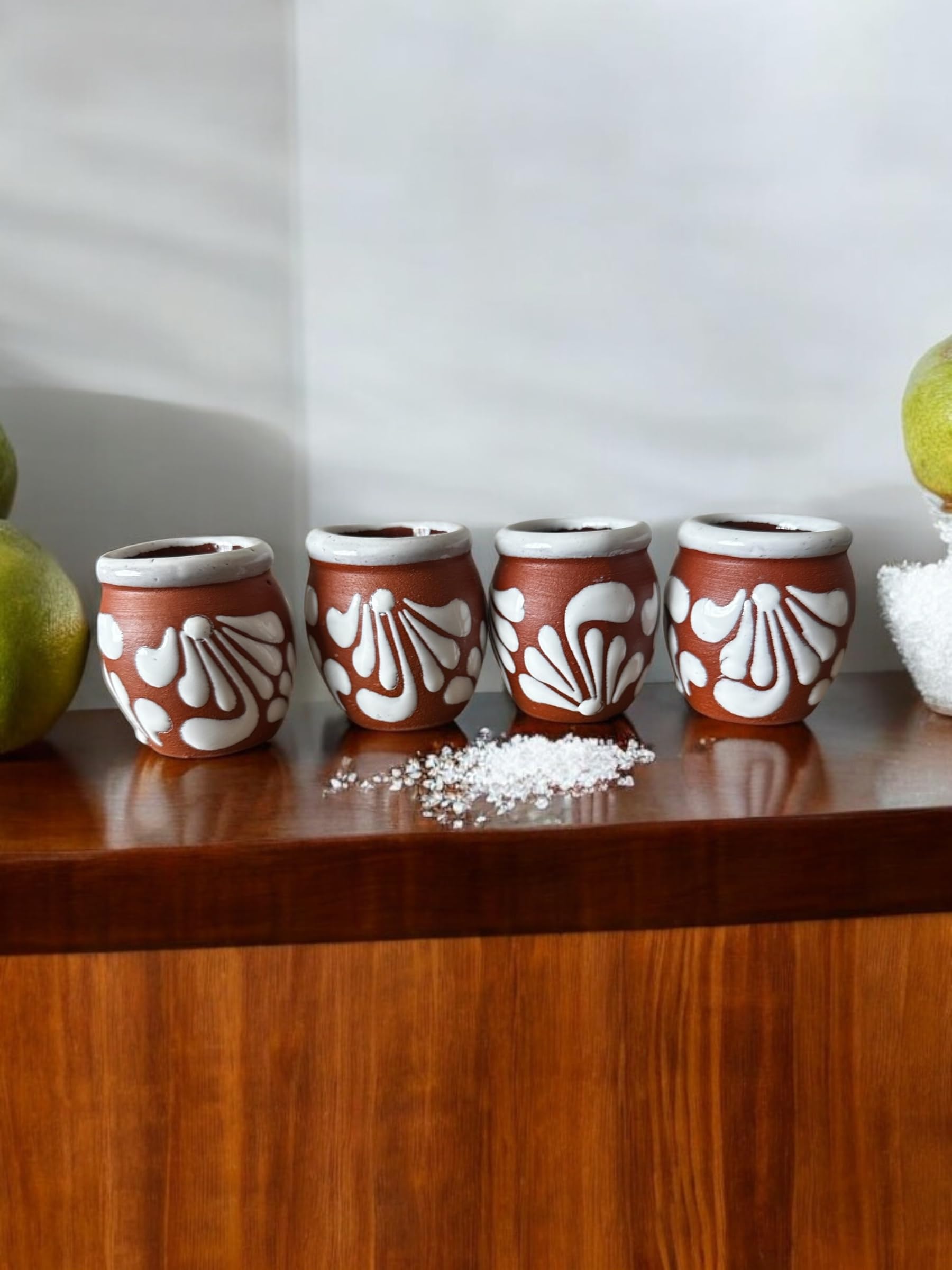 Set of 4 Mini Cantaritos Shot Glasses - 2oz Handmade Mexican Pottery with White Rim & Terracotta Base - Ideal for Tequila Shots, Wedding Favors, & More