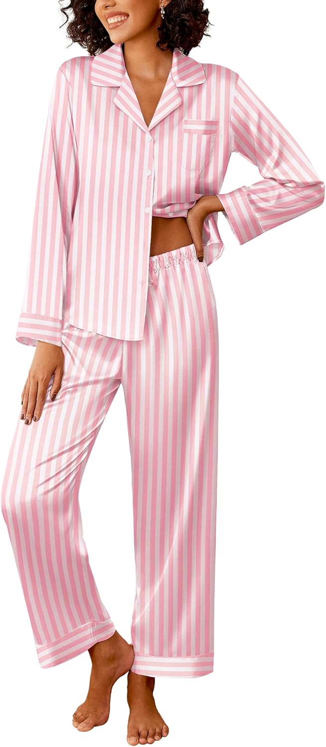 Ekouaer Womens Silk Satin Pajama Sets 2 Piece Sleepwear Pjs Set Long Sleeve Button Down Top and Pants Stripe Loungewear S-XXL