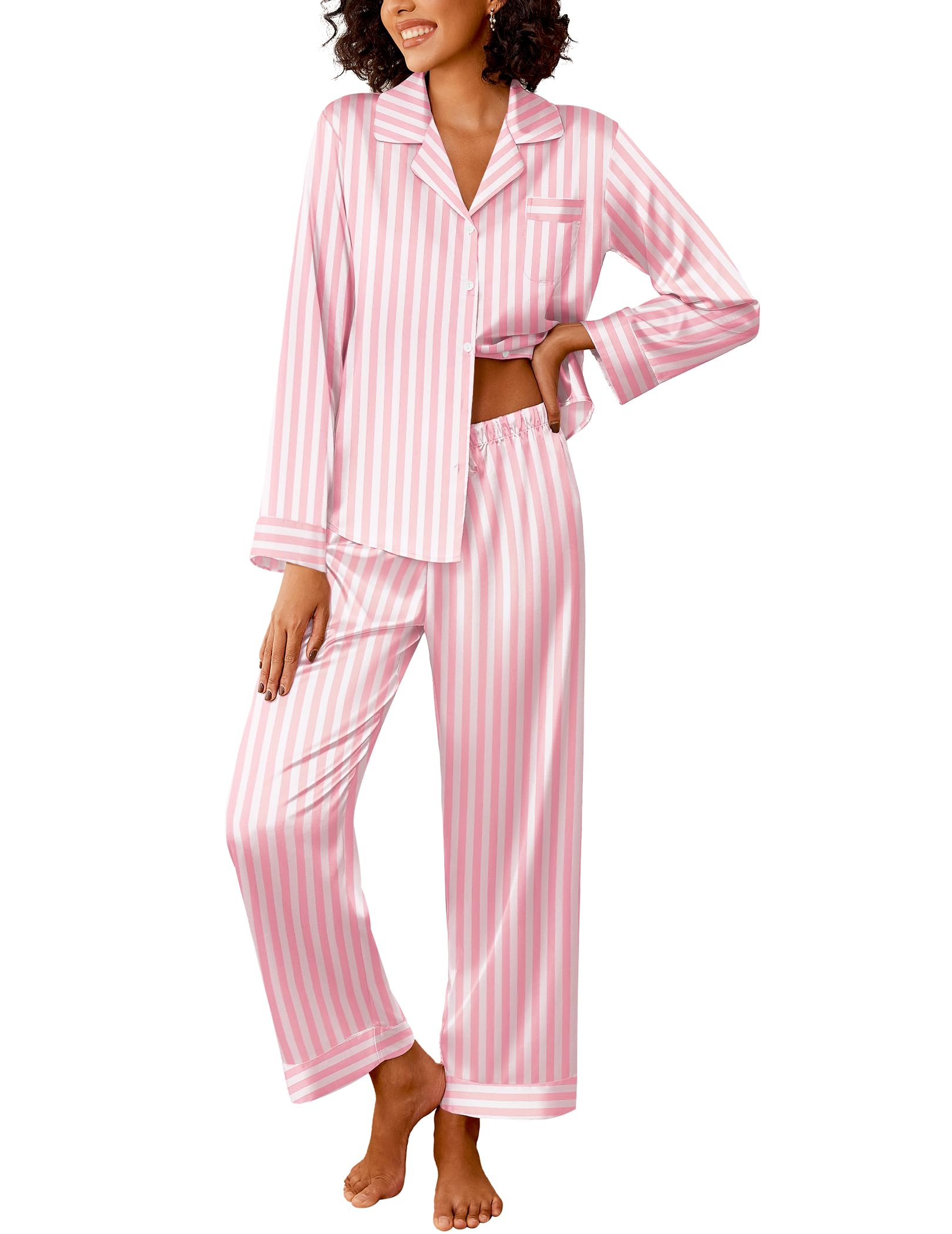 Pyjama en satin de soie 2 pièces ensemble de nuit boutonné à rayures - 7