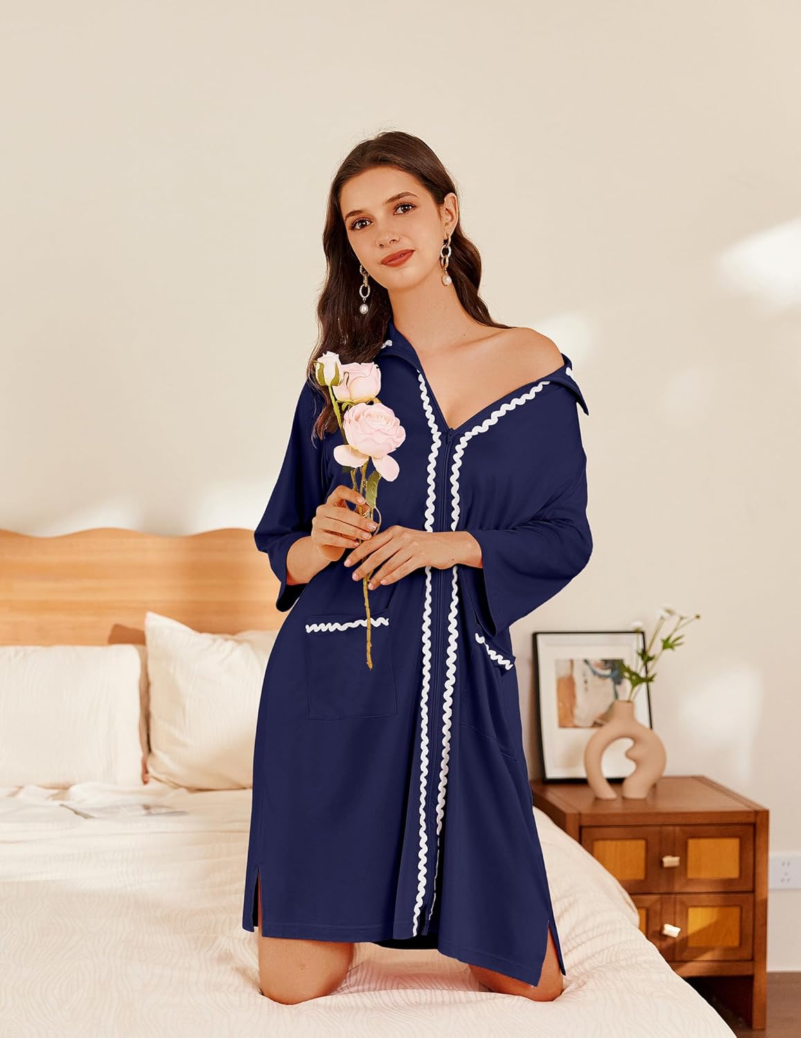 Ekouaer Women Zipper Robe Lightweight House Coat Zipper Front Short Bathrobes Soft Nightgown with Pockets S-3XL - Image 4