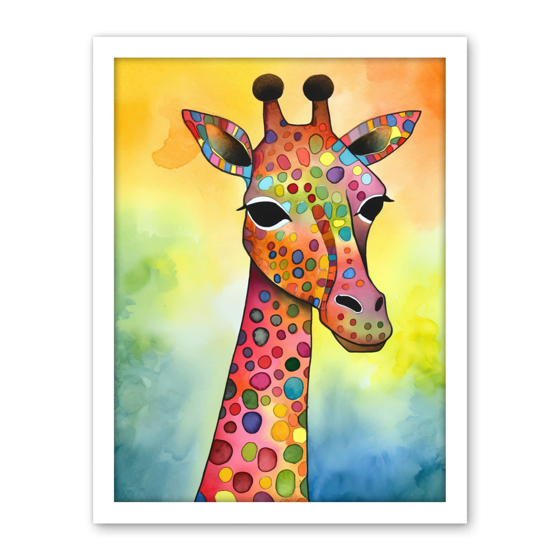 Artery8 Giraffe With Multicolour Pattern Folk Art Watercolour Painting Artwork Framed Wall Art Print 18X24 Inch