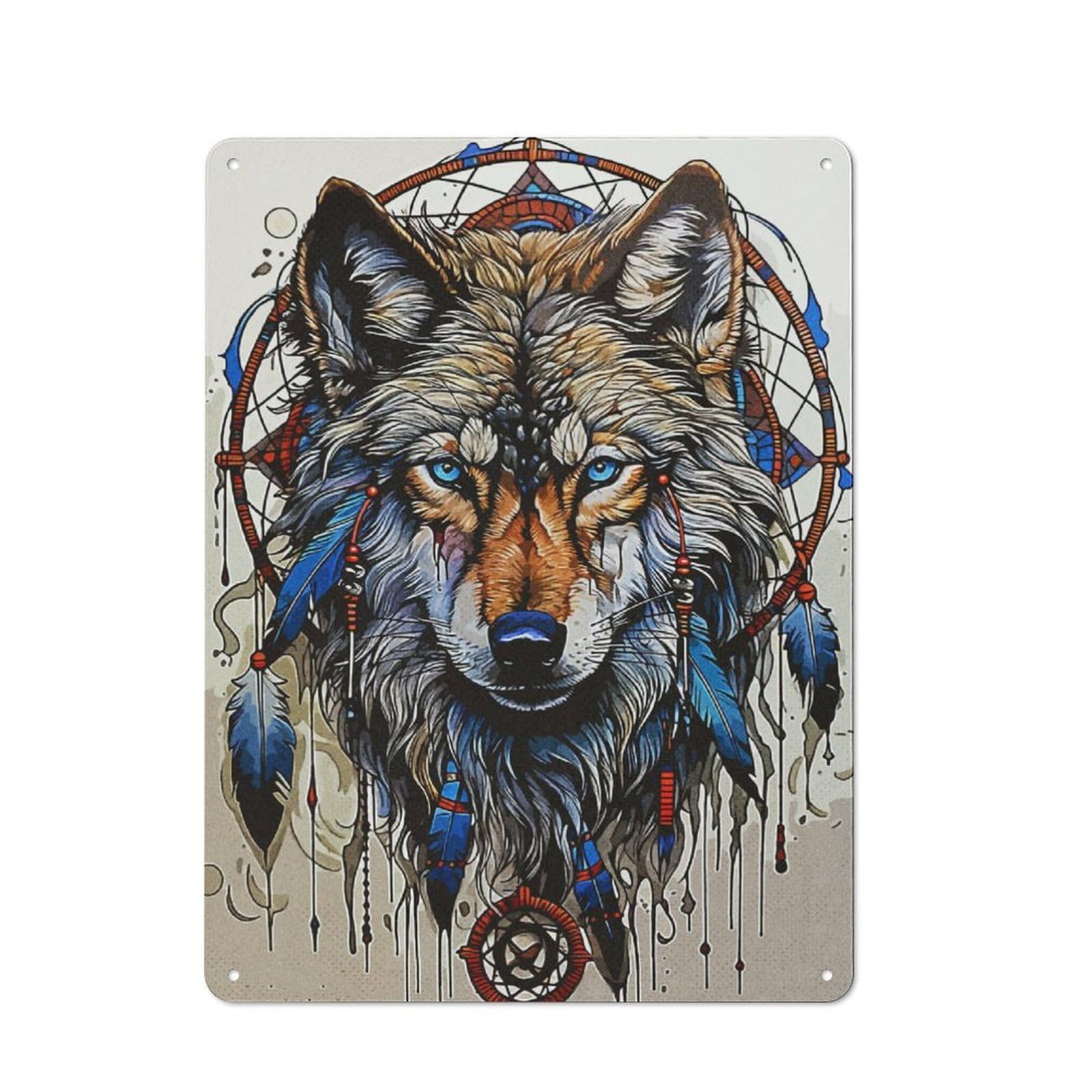 Dream Catcher Wolf Printed Metal Sign for Pet Owners, Birthday, Christmas Or Housewarming Gift, 40x30cm