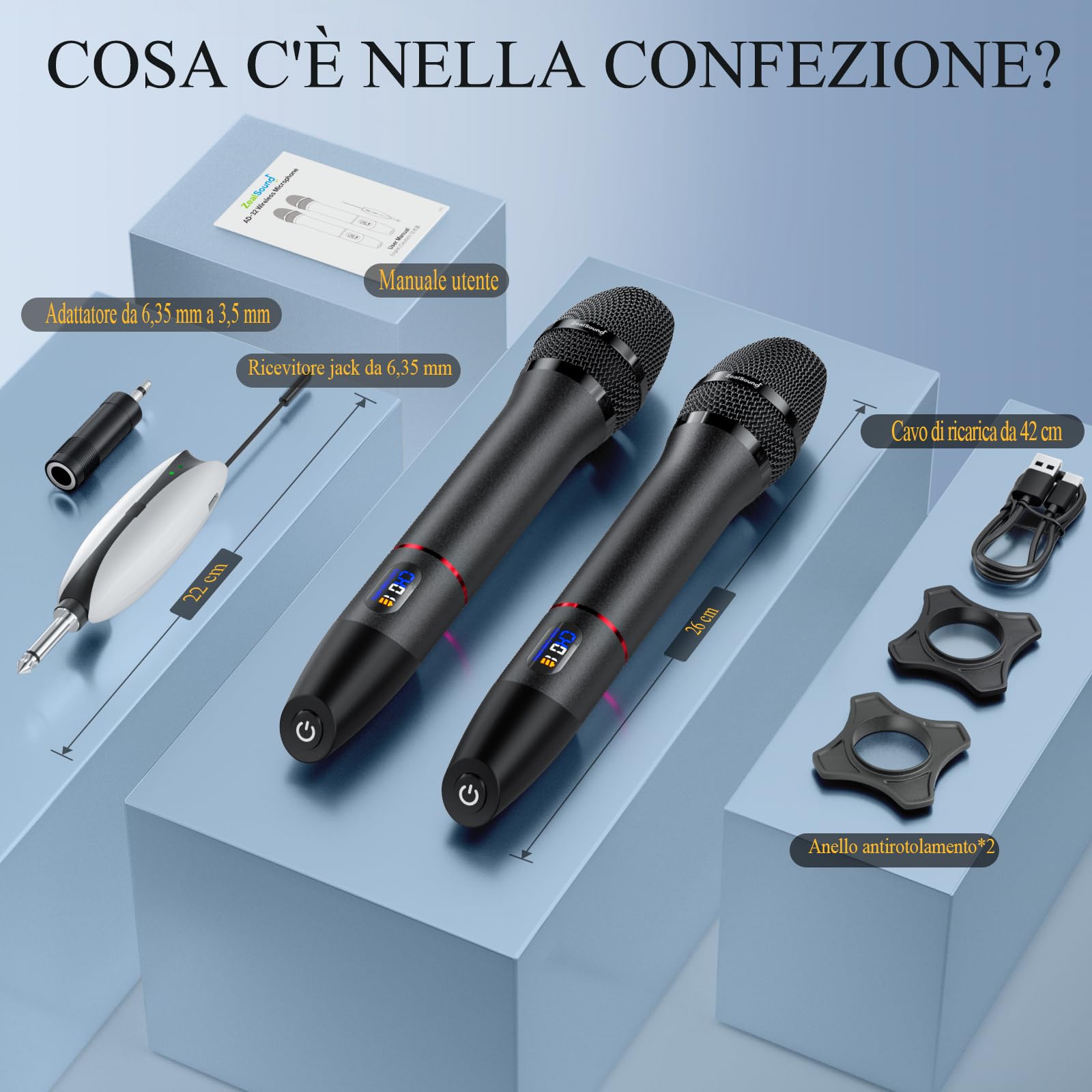 zealsound Microfono wireless, microfono dinamico, 2 microfoni portatili con scansione automatica della frequenza