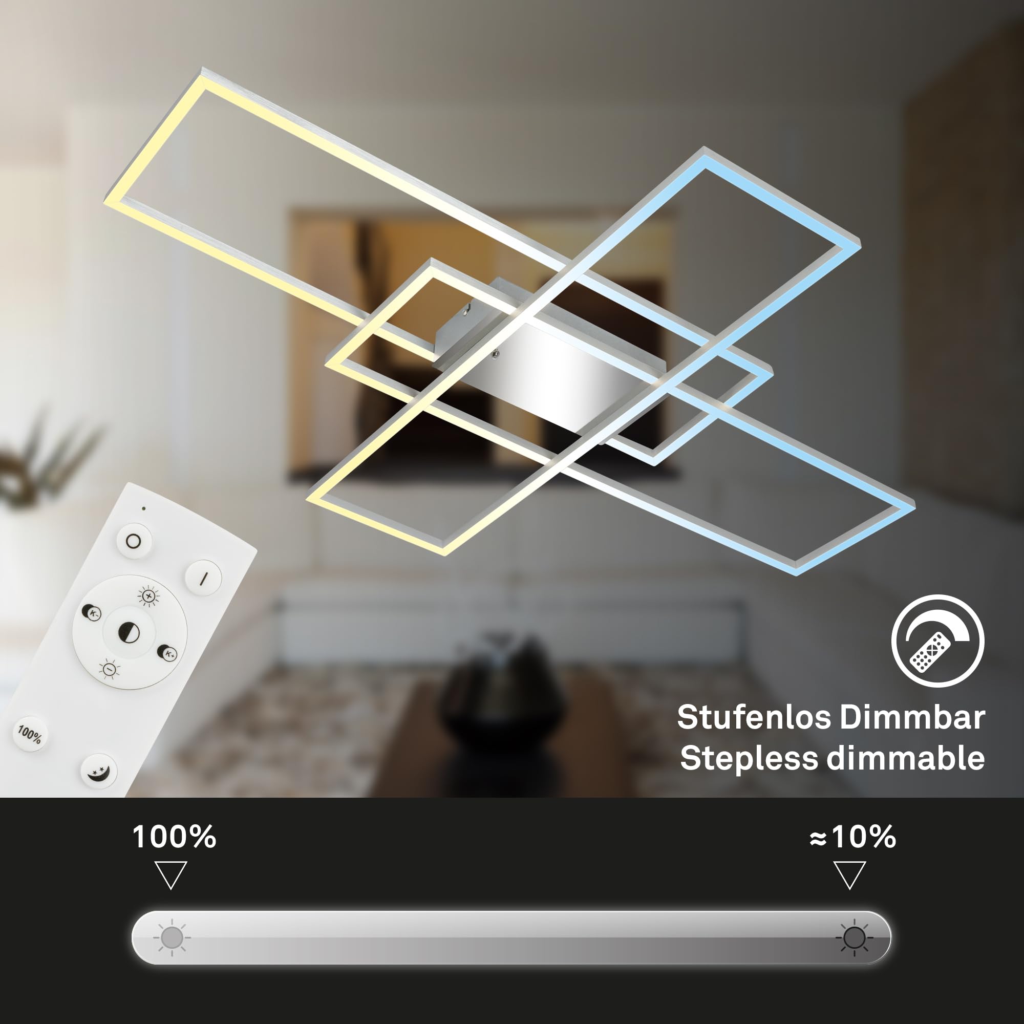 BRILONER - Lámpara de techo LED con mando a distancia, regulable, ajustable de blanco cálido a blanco frío, lámpara LED, lámpara de techo, 104x71x9,5 cm, Cromo