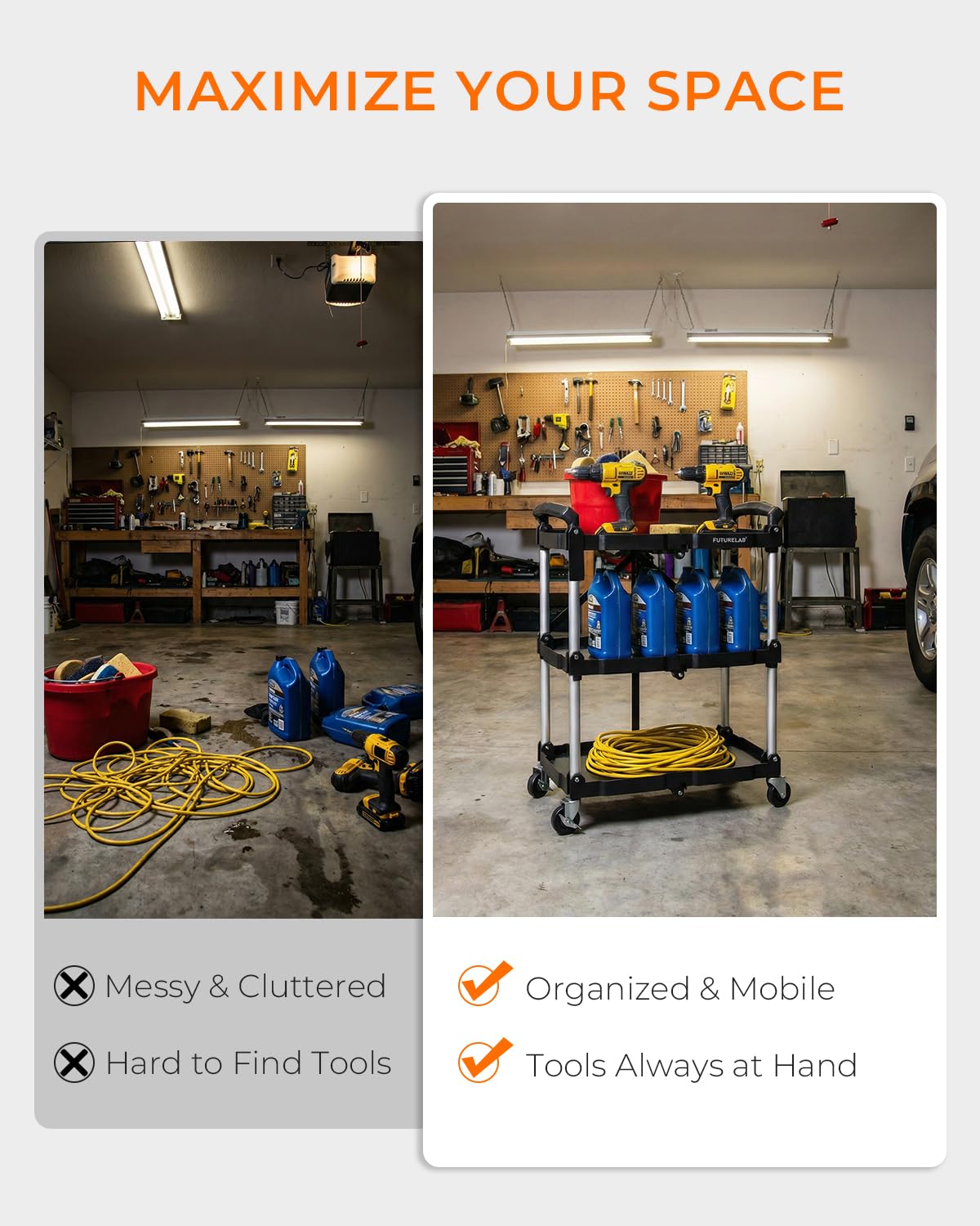 FUTURELAB Carrito de servicio plegable portátil, 3 niveles, capacidad de 330 libras, carrito plegable con ruedas para almacén, hogar, talleres, garajes, restaurantes, oficinas