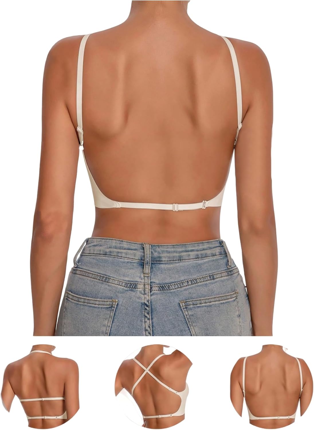 OYOANGLE Women's Low Back Bras with Padded Removeable Wirefree Seamless Bra Backless Multiway Straps Convertible Bra