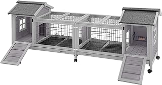 Aivituvin Rabbit Hutch Bunny Cage with Double House and Run Indoor Outdoor Guinea Pig House with Deeper No Leak Trays and Wheels