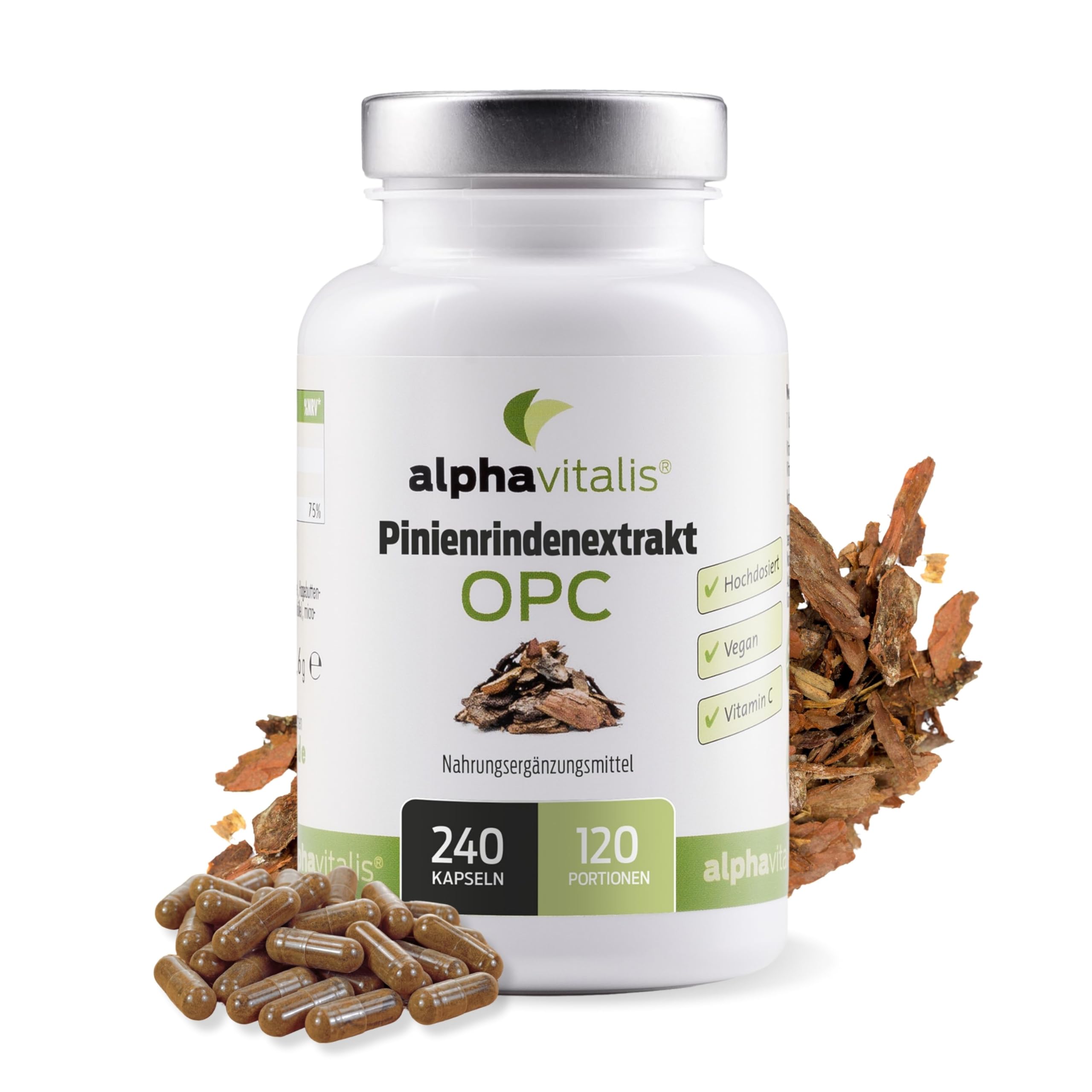 Pinienrindenextrakt Kapseln hochdosiert mit 32% OPC + natürliches Vitamin C - 240 Stk. - 500mg veganer Kiefernrindenextrakt - laborgeprüft aus Pinus pinaster