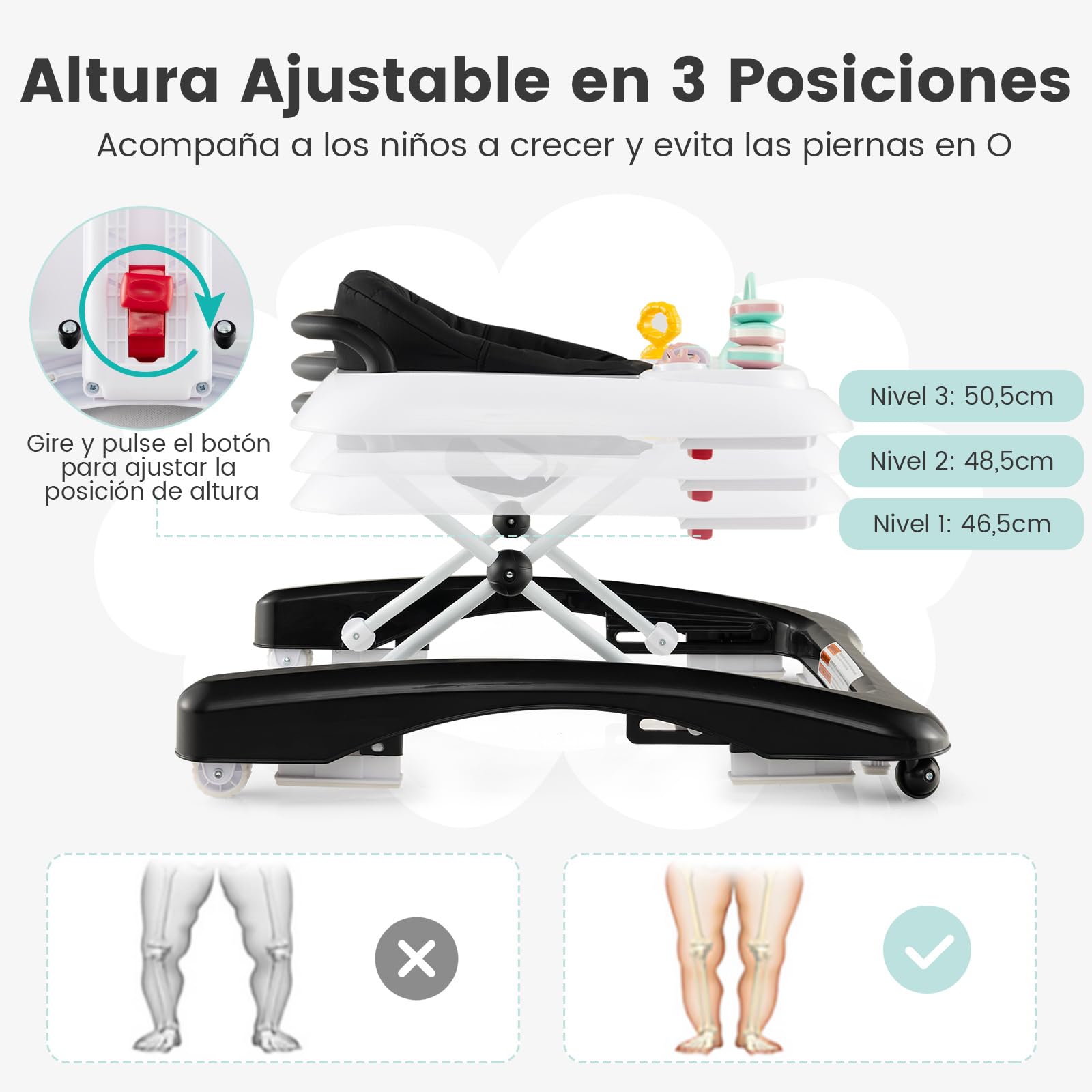 COSTWAY Andador Bebes 3 en 1, Andador Plegable para Bebé con 3 Alturas Ajustables, Asiento Acolchado Cómodo y Plato de Juguetes Extraíble, Tacata Bebe con Ruedas para Niños de 6+ Meses (Negro)