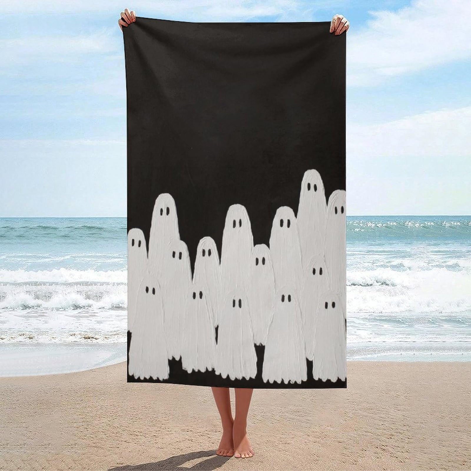 LSRCPD White Ghosts Halloween Aesthetic Beach Towel Sand Free Microfiber Large Shower Towels Multipurpose Absorbent for Bathroom Pool 130x80 CM