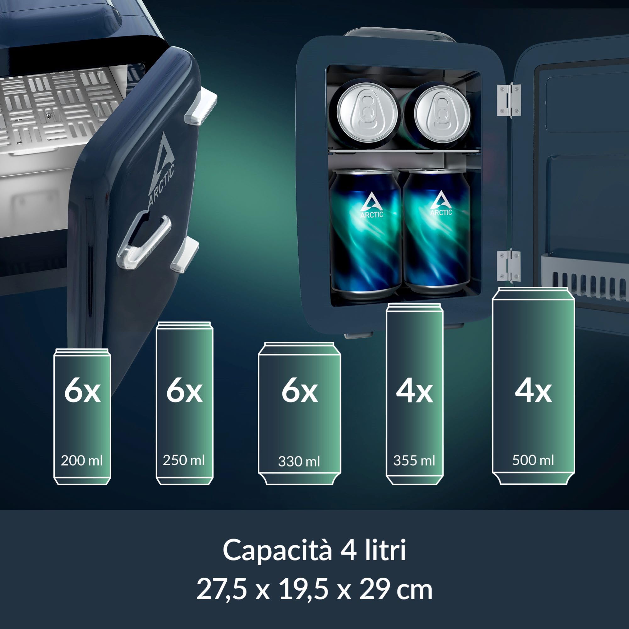 ARCTIC Fridge - Mini frigorifero da 4L per bevande e cosmetici, con funzione di raffreddamento e riscaldamento, 12 V DC e 220 V AC, ideale per auto, ufficio, campeggio e viaggi, spina EU – Blu