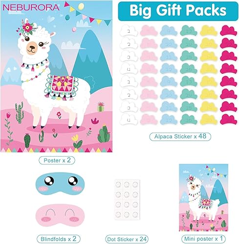 Miniatura 3 de NEBURORA Paquete de 2 pósteres grandes de 21 x 28 pulgadas con 48 calcomanías, suministros de fiesta de cumpleaños con temática de llama,