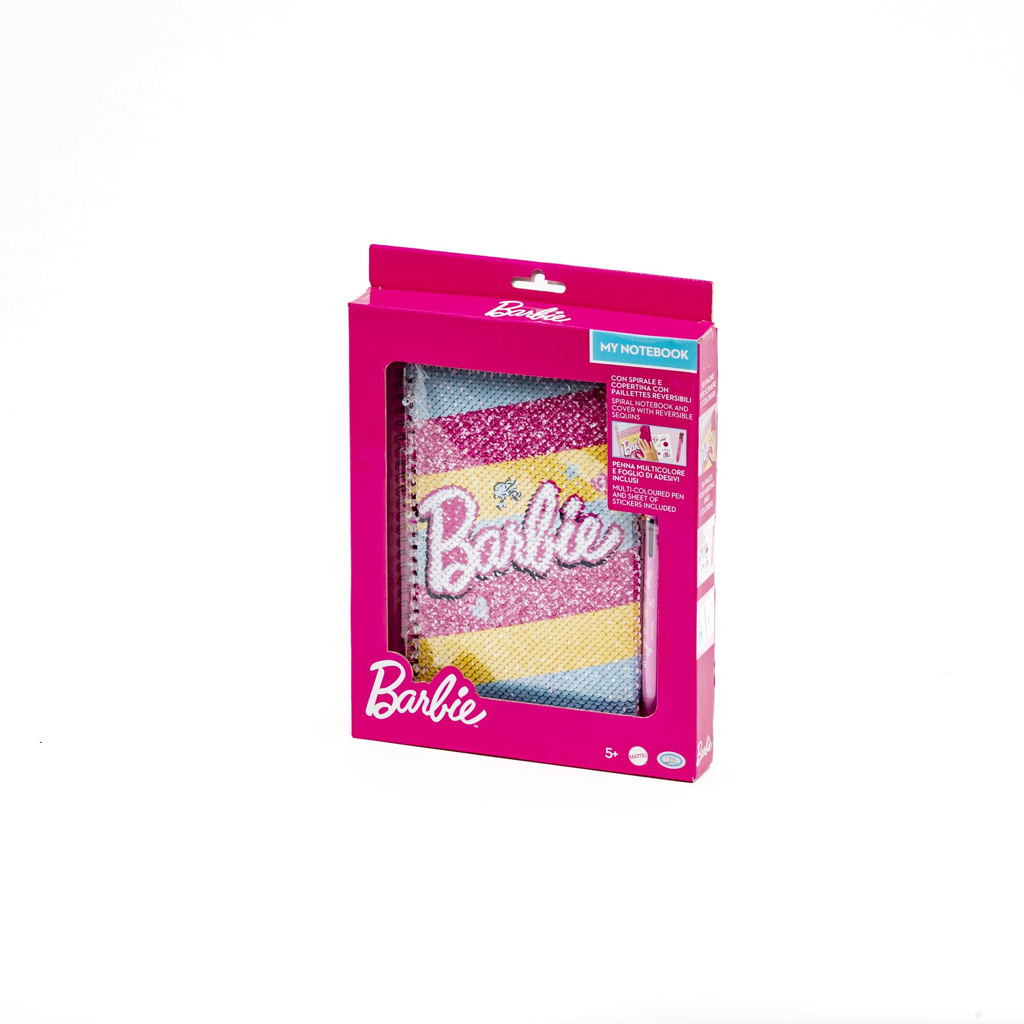 ODS Barbie My Notebook, dwustronny notatnik z cekinami, strony w paski, białe strony i kolorowanki, w tym wielokolorowy długopis i 1 arkusz naklejek Barbie, 15 x 21 cm