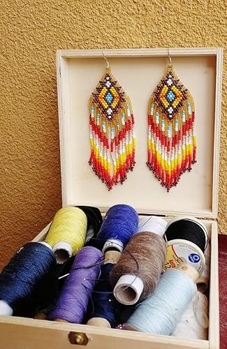 Vista 4 de Brown Native America Bead Earring, Long Beaded Native American Earrings, Indian Bead Jewelry, Native America Dangle Earrings, Beaded Jewelry