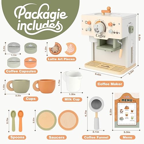 Miniatura 3 de Dreamon Juego de cafetera de juguete para niños, accesorios de cocina de madera, juego de café para niños, regalo de cumpleaños para niños y niñas