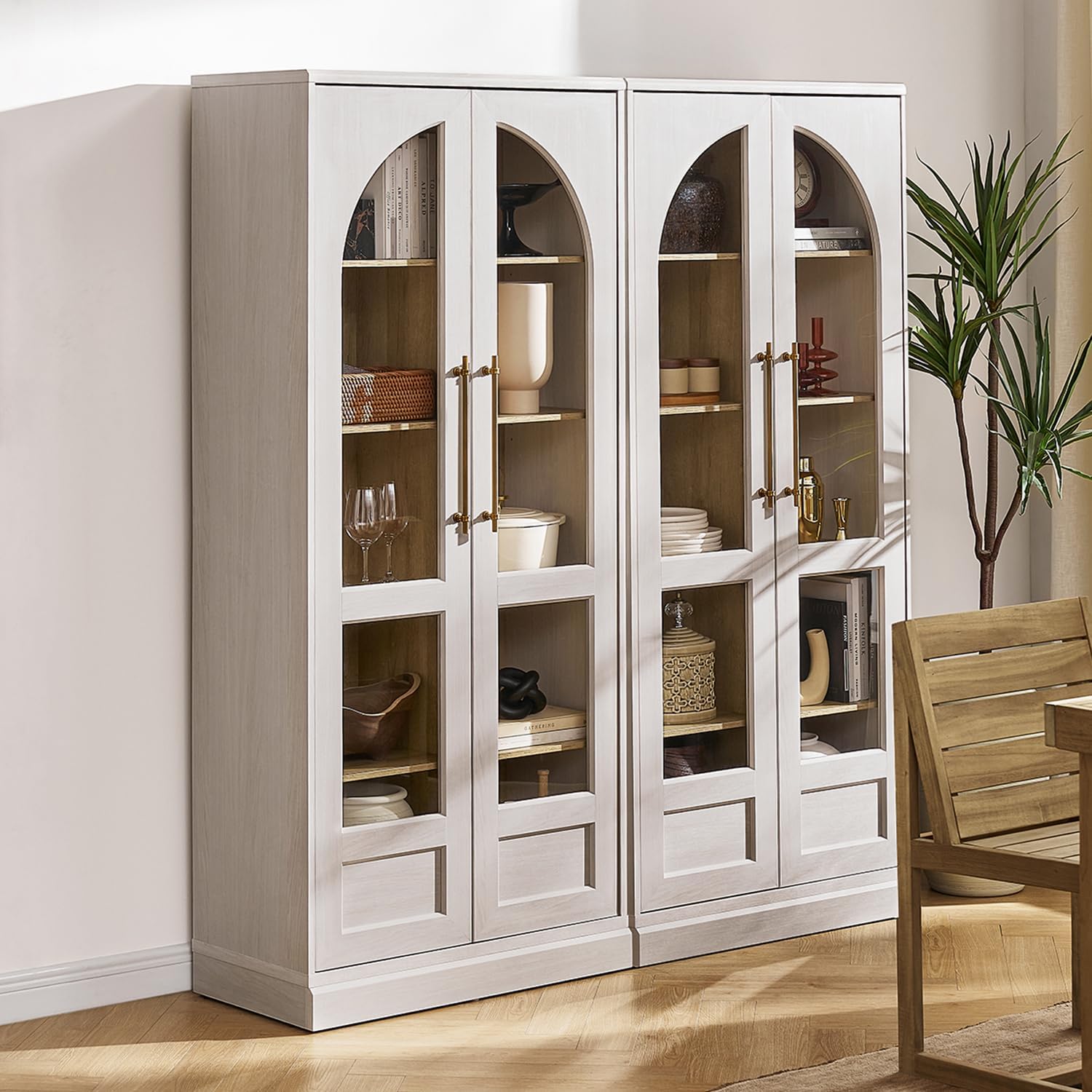 mopio Blake Tall Display Cabinet, Kitchen Buffet Pantry Cupboard, Trophy Display Case, Storage Cabinet Scratch Resistant Acrylic, Modern Farmhouse Curio Organizer (White Oak Arched, Set of 2)