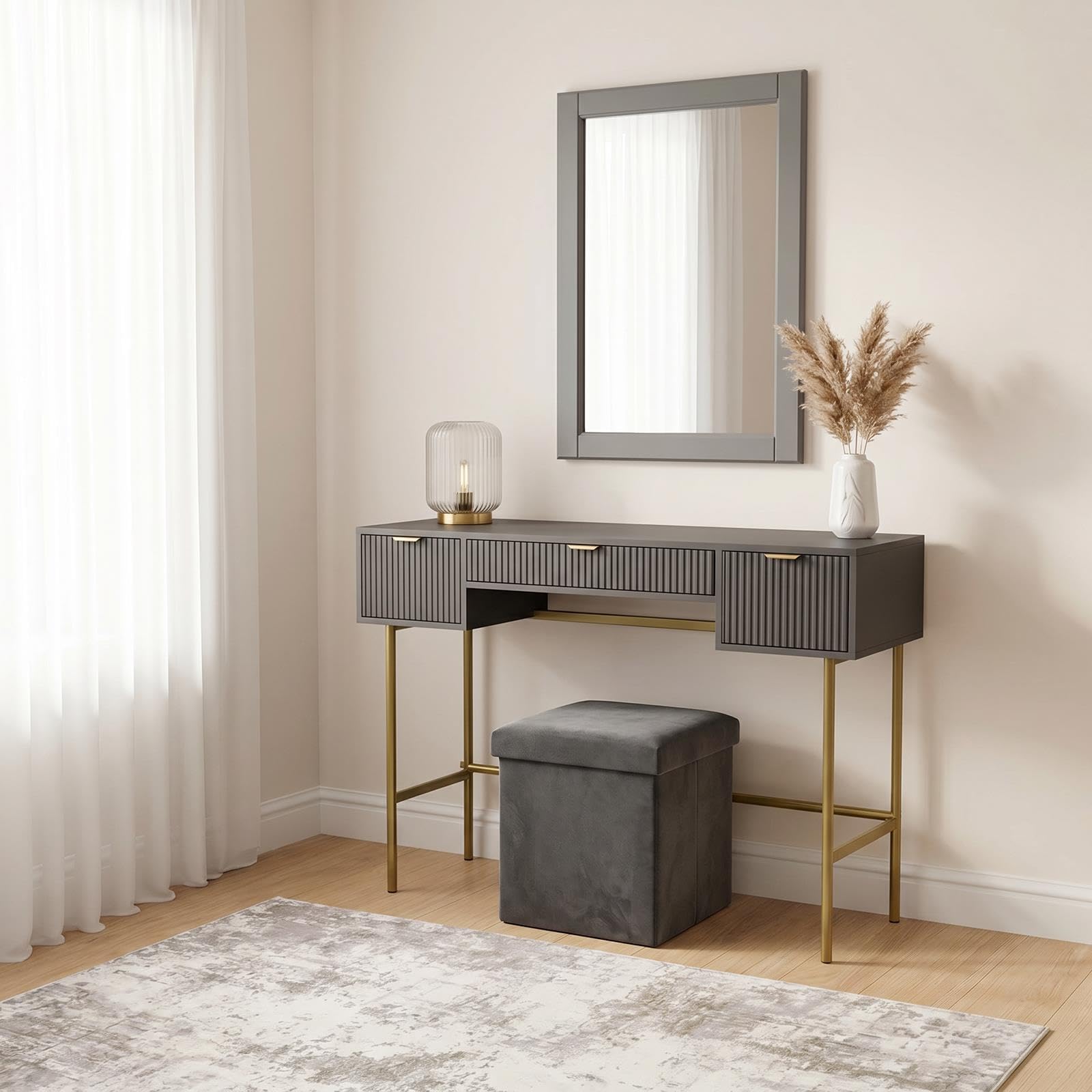 OHS Dressing Table, Ribbed Wooden Vanity Table with 3 Drawers - Charcoal