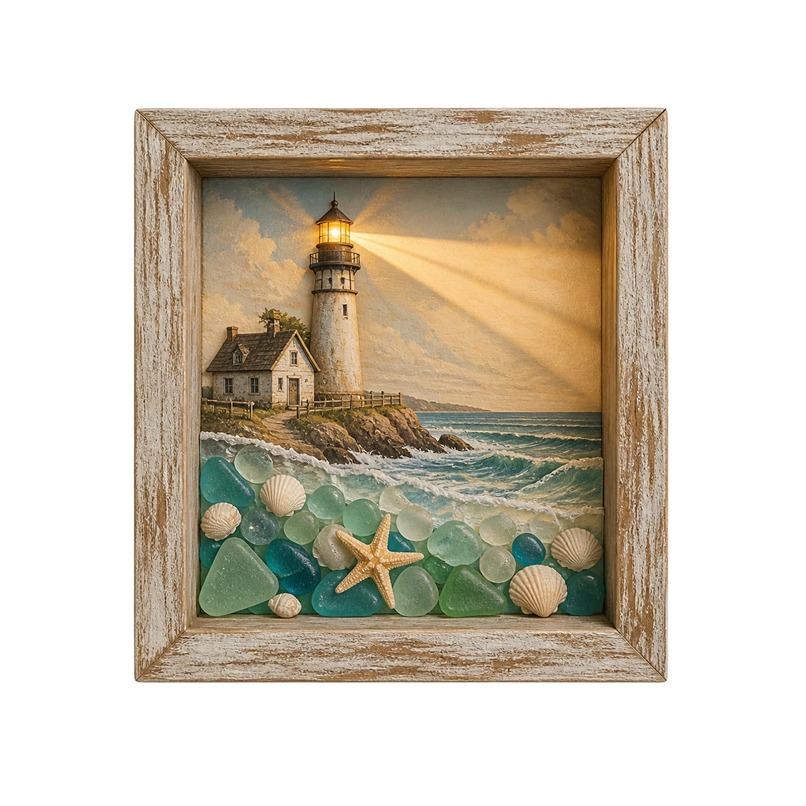 DSLKGWE Shadows Box with Light, Coastal Lighthouse Sea Glass Shadows Box Night Light Sea Glass Boxes Night Lights Decorative Lighthouse Lamp Beach Oceans Decor for Bedroom Living Room